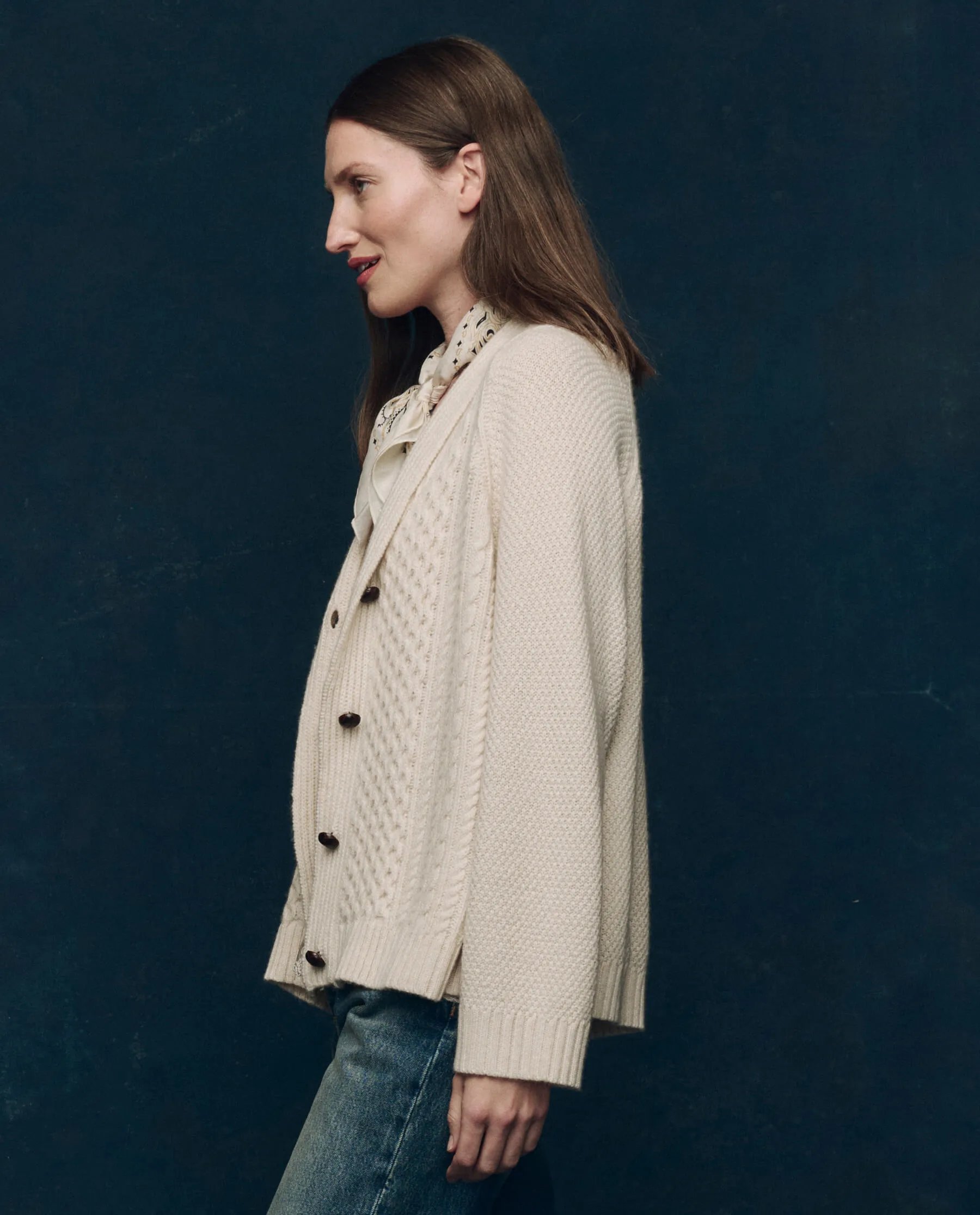 The Cashmere Cable Lodge Cardigan. -- Cream Seasonal Layering