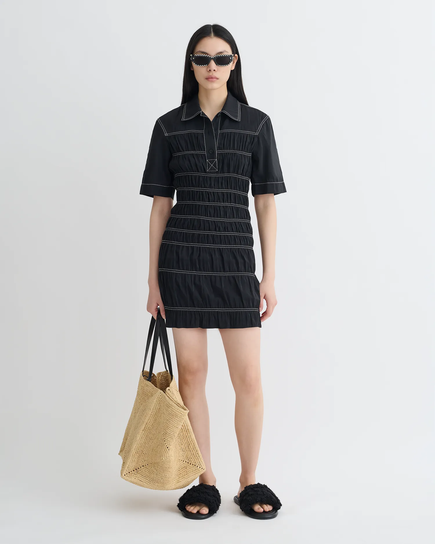 Nomia - Smocked Glass Poplin Mini Dress - Black Soft Composition