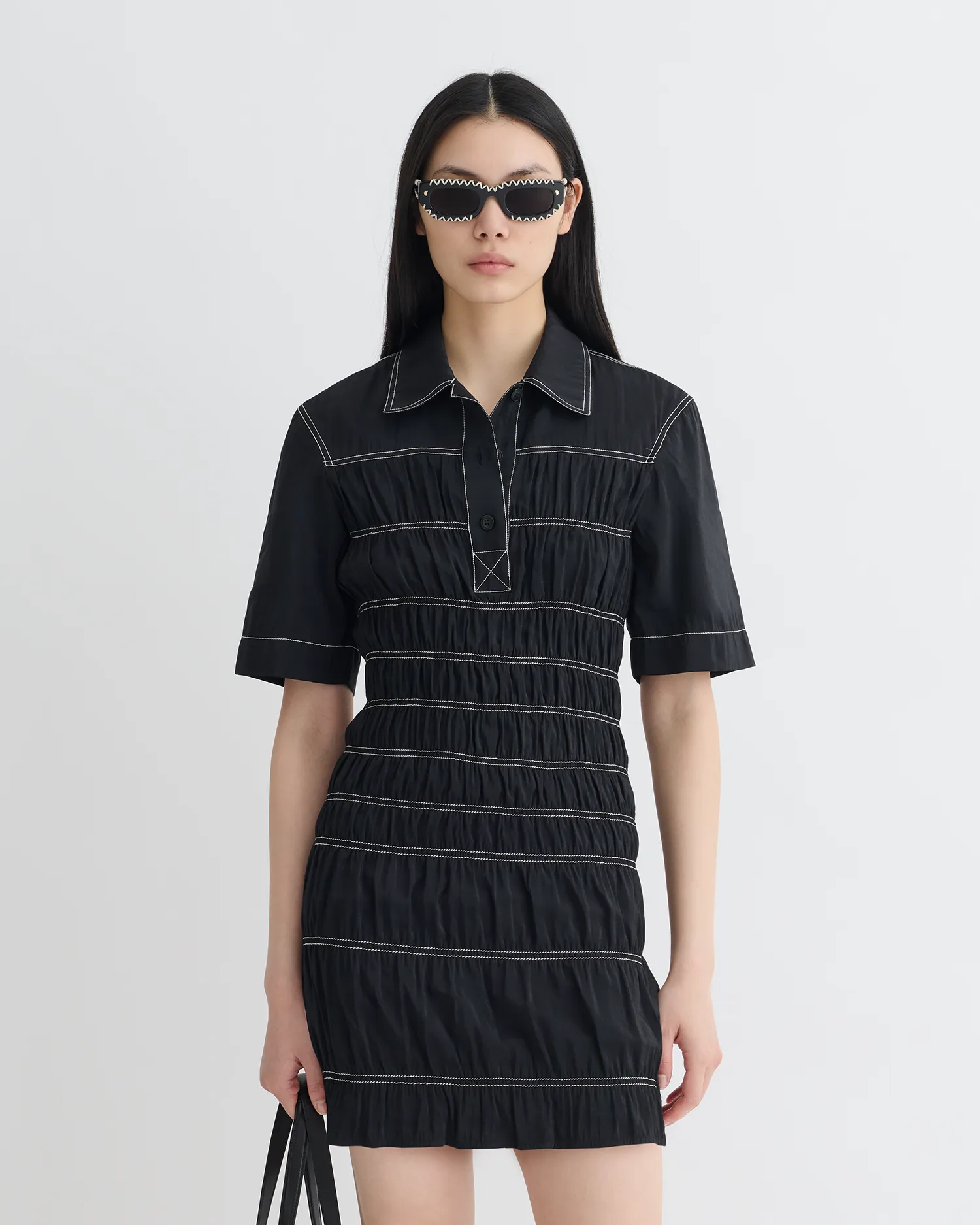 Nomia - Smocked Glass Poplin Mini Dress - Black High Cut Air Touch