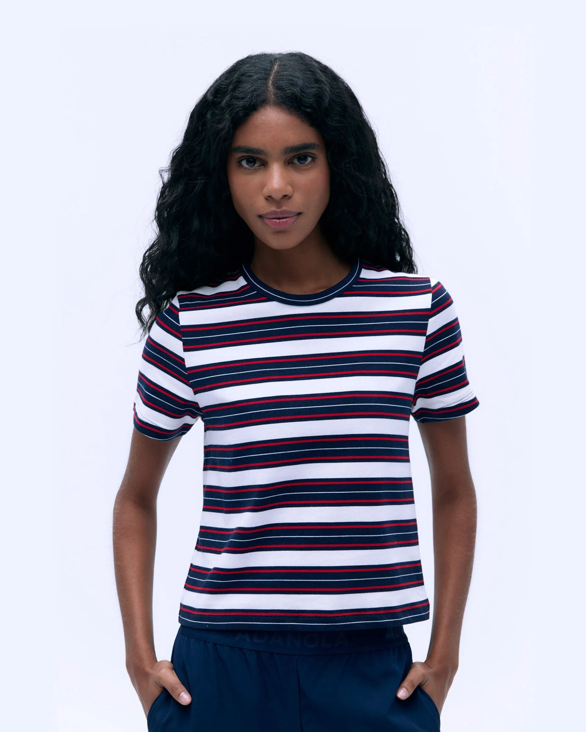 Stripe Short Sleeve Classic T-shirt - Navy Blue/Classic Red Silicone Grip Interior UV Protective Coating