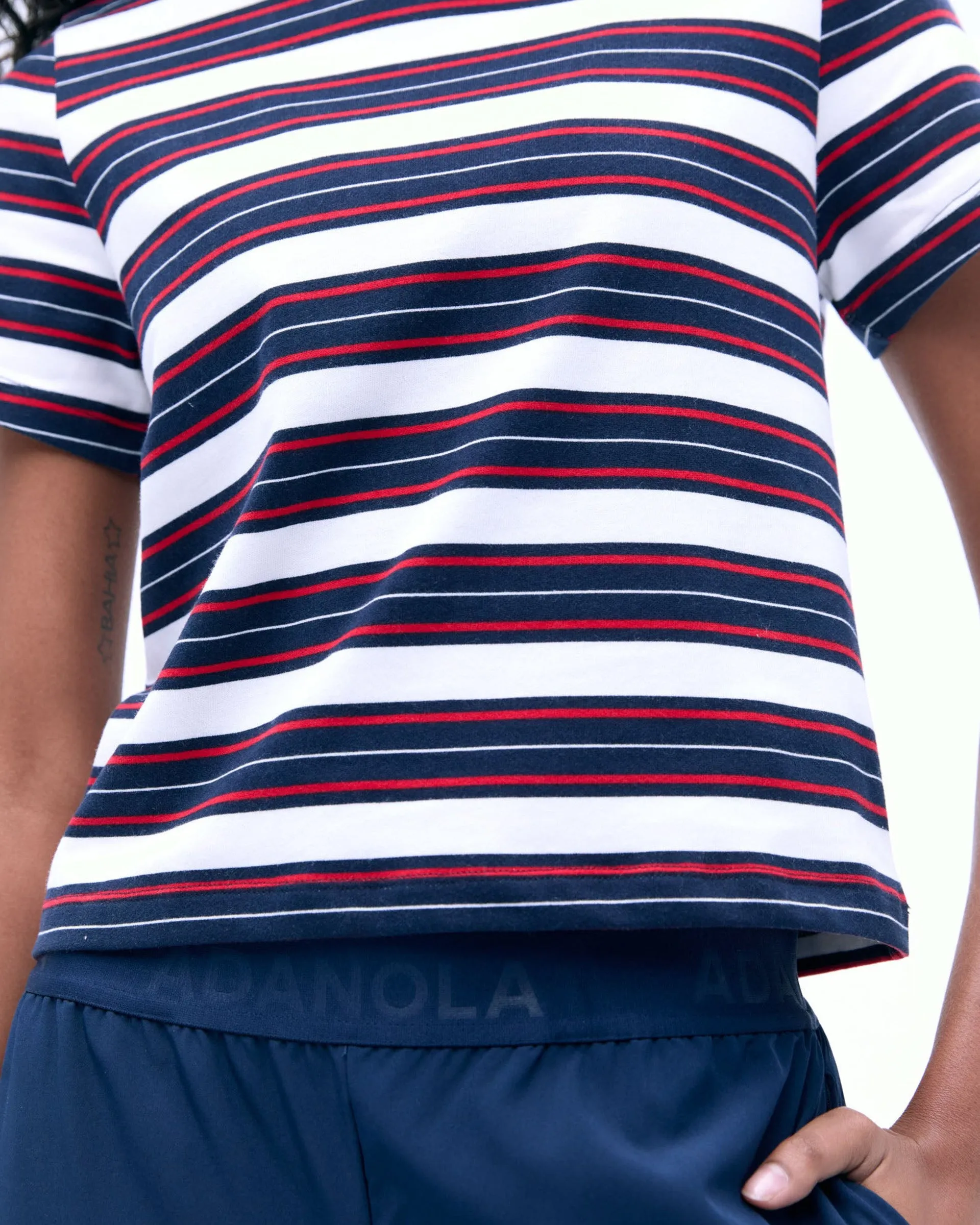 Stripe Short Sleeve Classic T-shirt - Navy Blue/Classic Red High Neckline Structure
