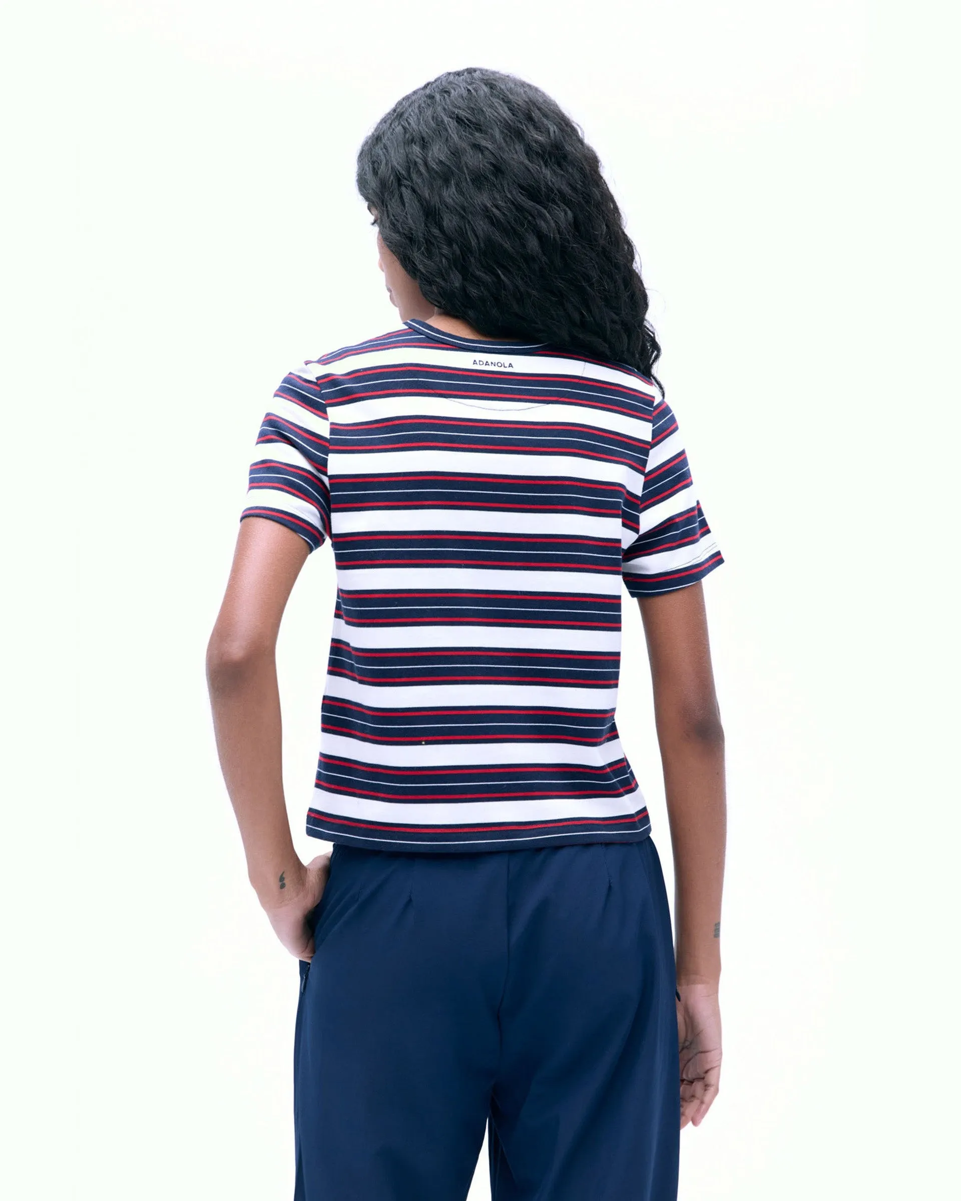 Durable Overlock Stitch Stripe Short Sleeve Classic T-shirt - Navy Blue/Classic Red