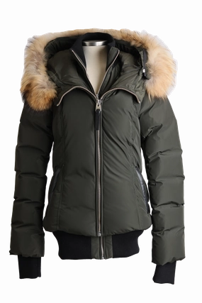 Easy Wear Moisture Wicking Finish Romane Down Bomber Jacket W/ Fur Hood