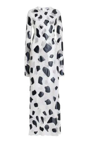 Layered Movement Light Fabrication Romeo Crochet Maxi Dress in White Merino Wool with Black Metallic Nappa Leather Patches