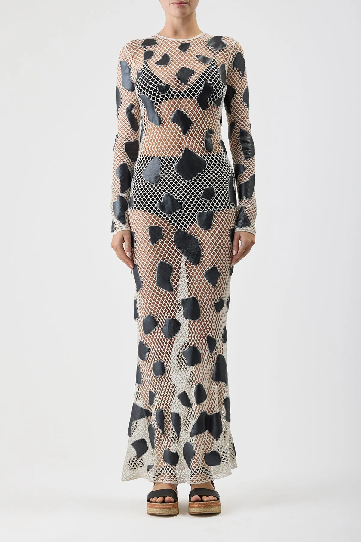 Fit Base Romeo Crochet Maxi Dress in White Merino Wool with Black Metallic Nappa Leather Patches