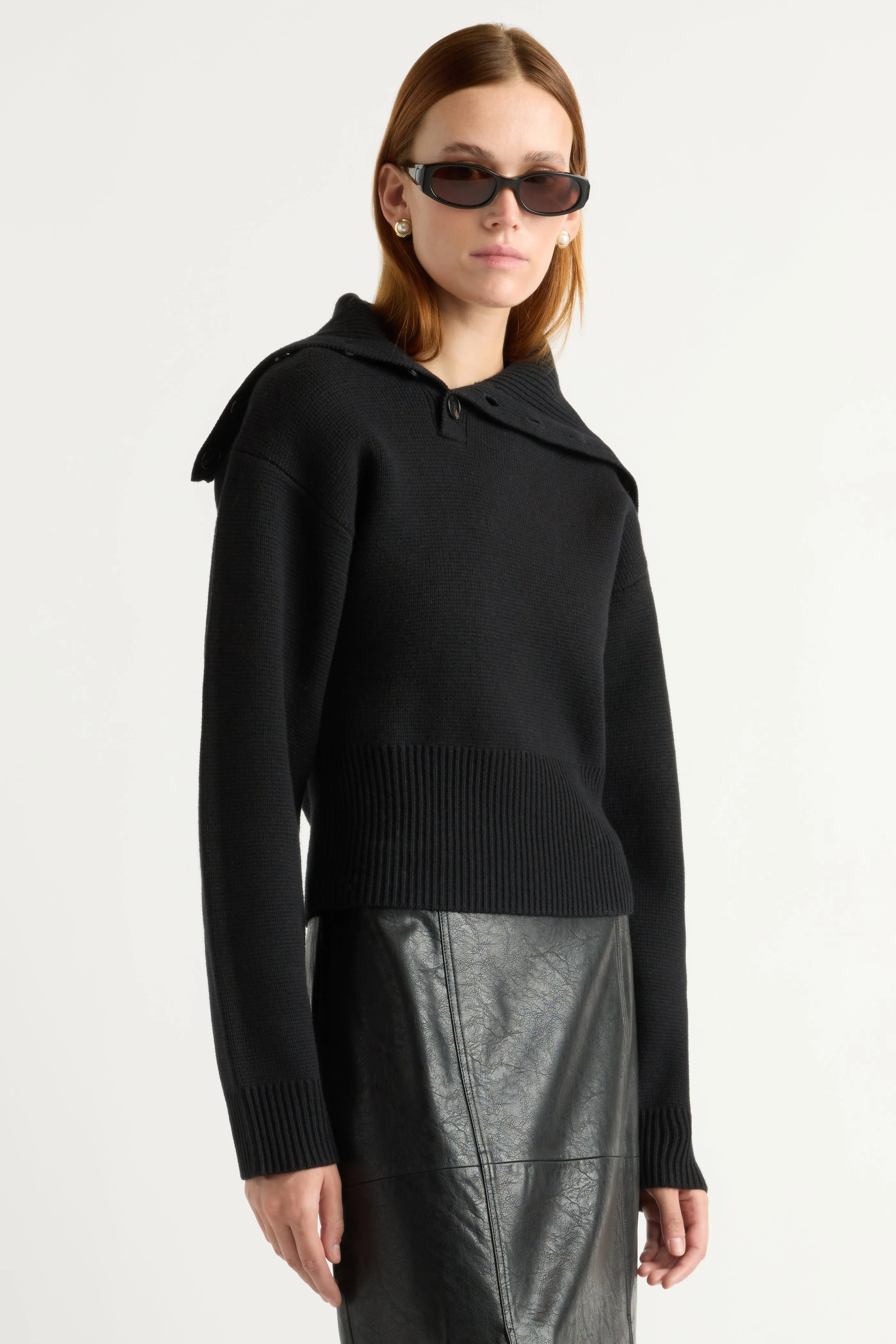 Elijah Foldover Button-Collar Sweater Ribbed cuff Layering Piece