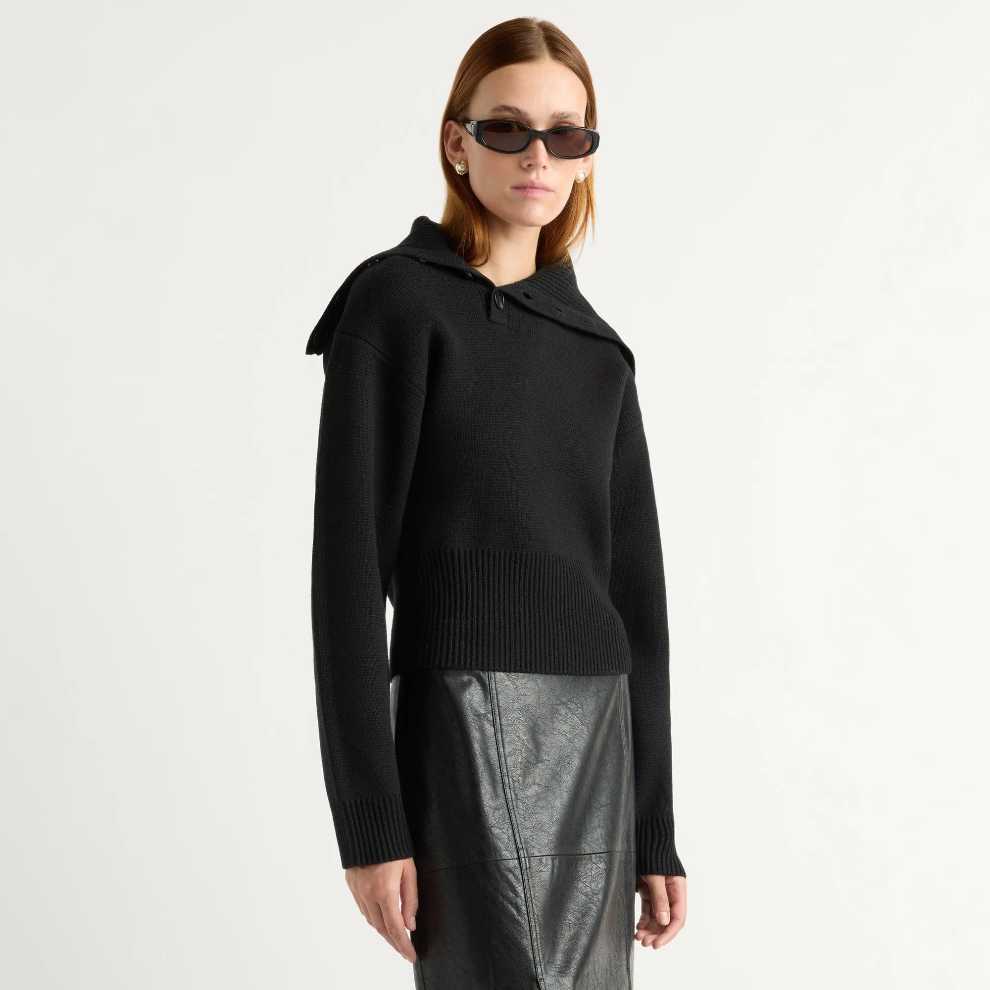 Elijah Foldover Button-Collar Sweater Effortless Layering sporty wear