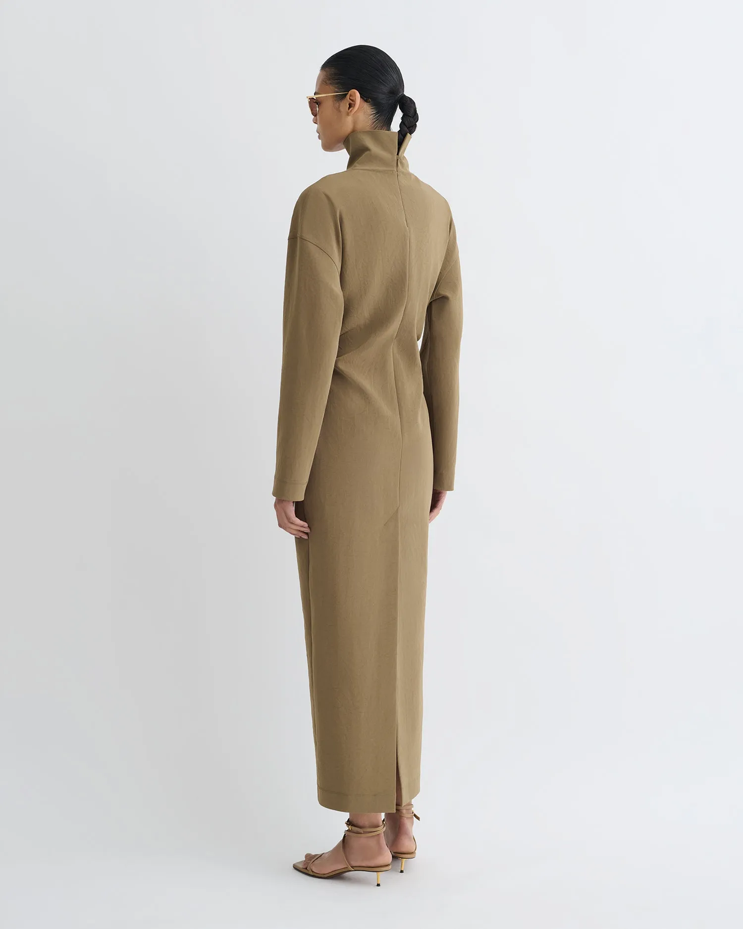 Jasmon - Draped Paper Jersey Turtleneck Dress - Brown Lightweight Material Movement Ready