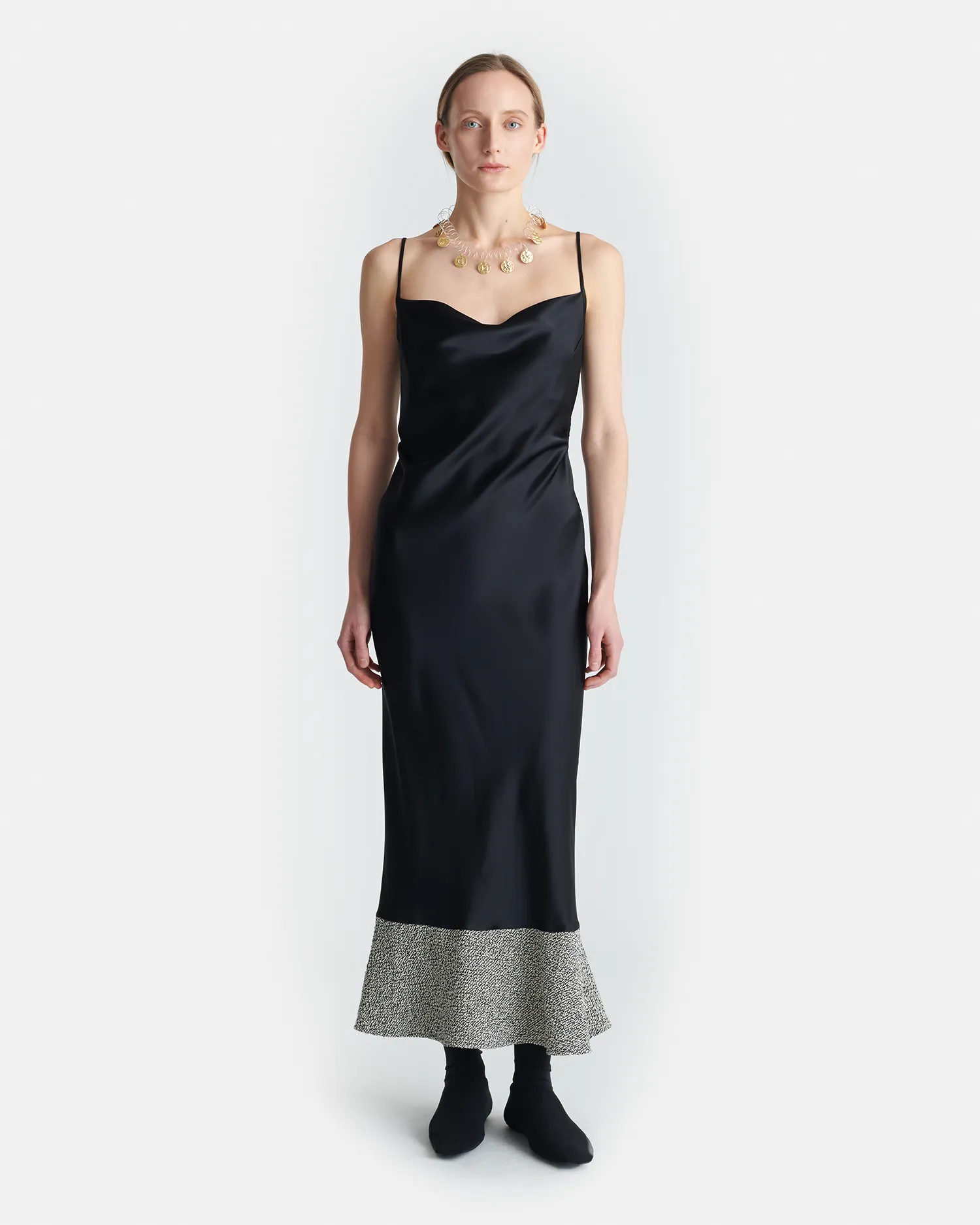 Quilted-Lining Ineke - Slip Satin and Loopback Cotton Dress - Black/Mouline