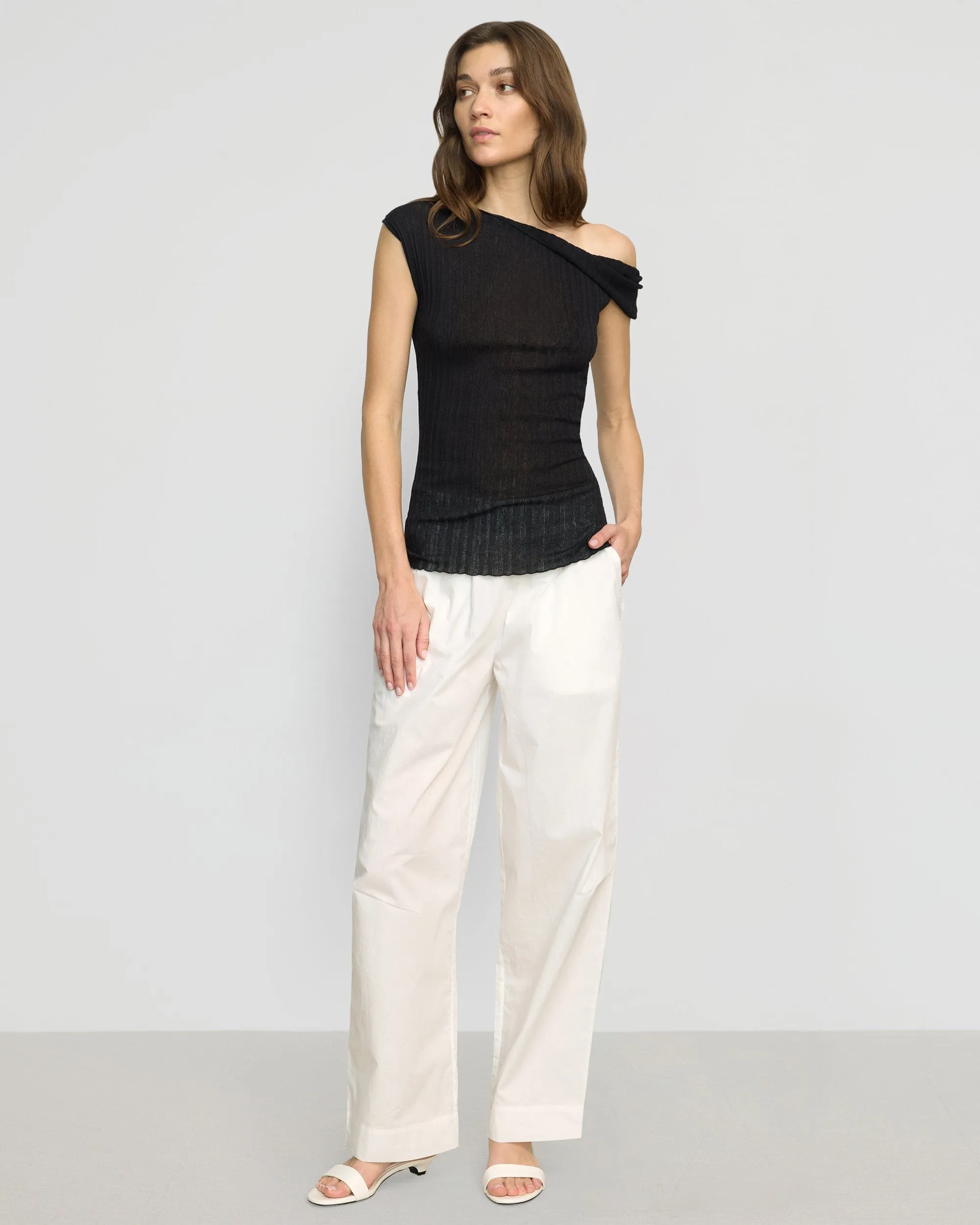 Drop Shoulder Design Saba Off-Shoulder Semi-Sheer Knit Top