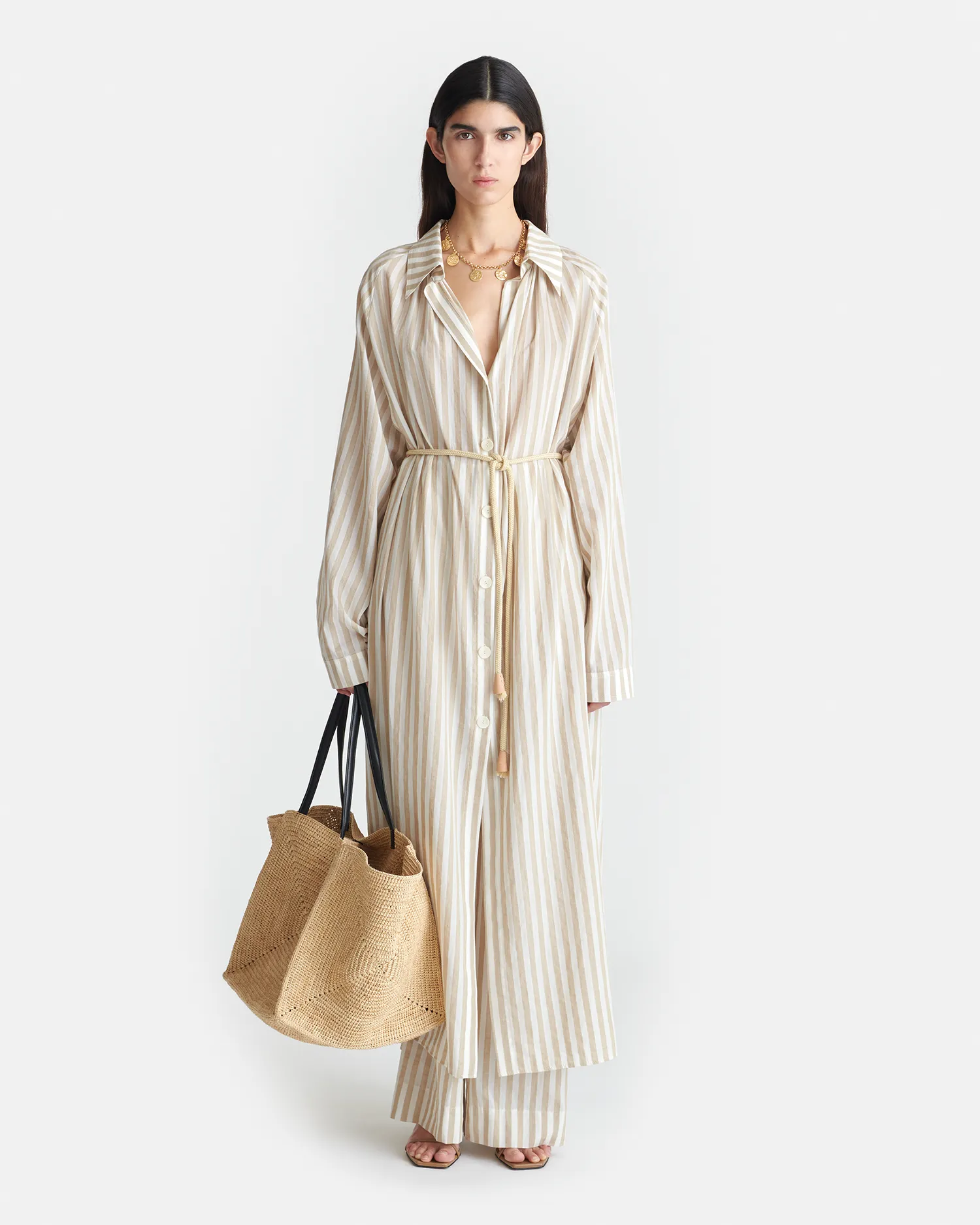 Everyday Use Thermal-Lined Sakura - Striped Linen Maxi Dress - Beige