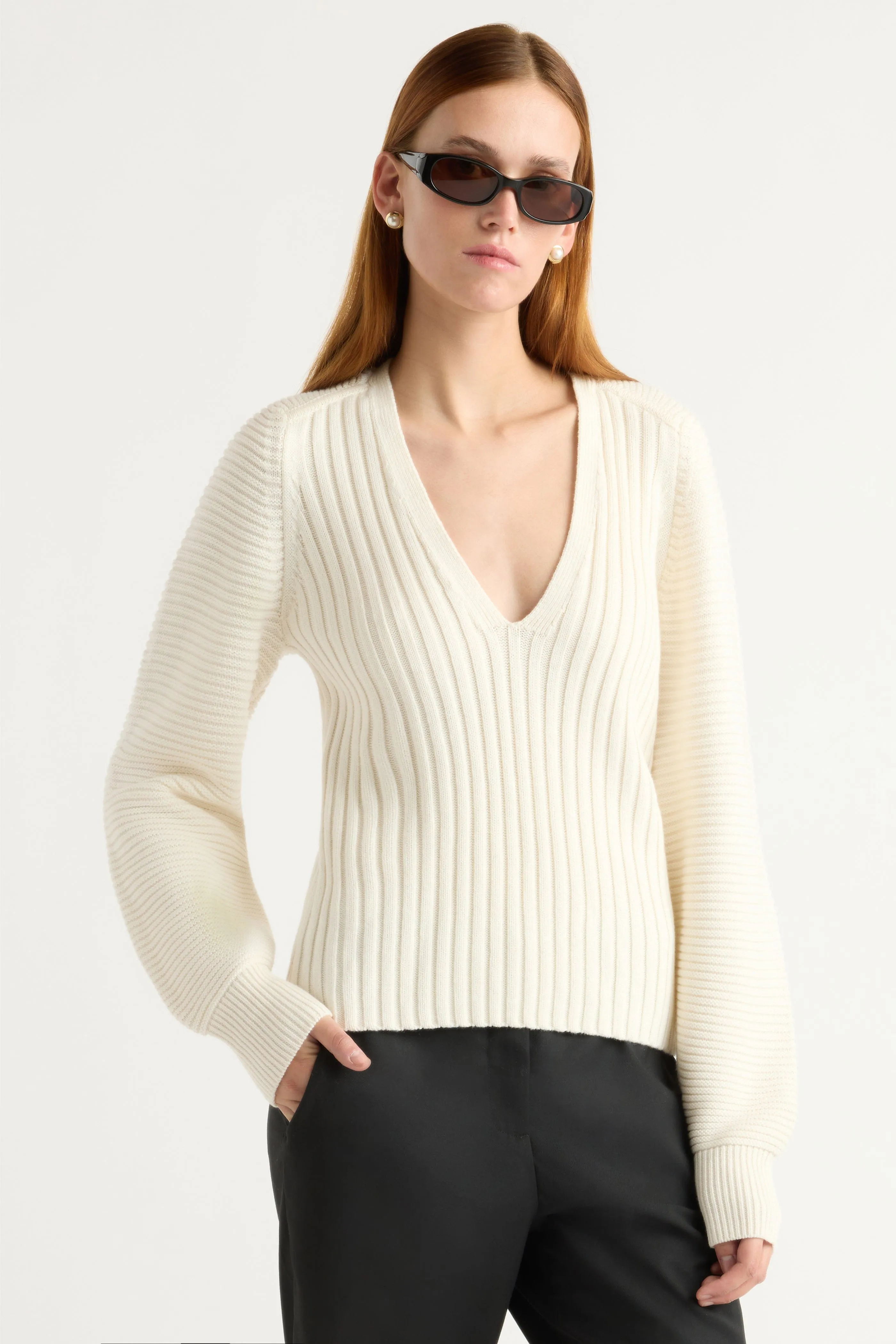 Relaxed Neckline Sanne Ottoman-Knit V-Neck Sweater