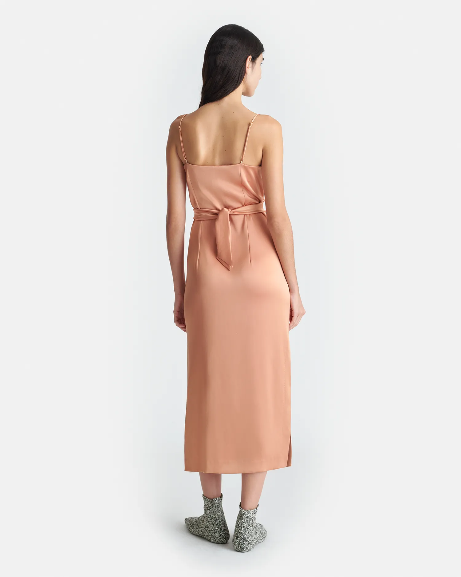 ContrastStitching Wardrobe-Staple Sayan - Draped Slip Satin Midi Dress - Apricot