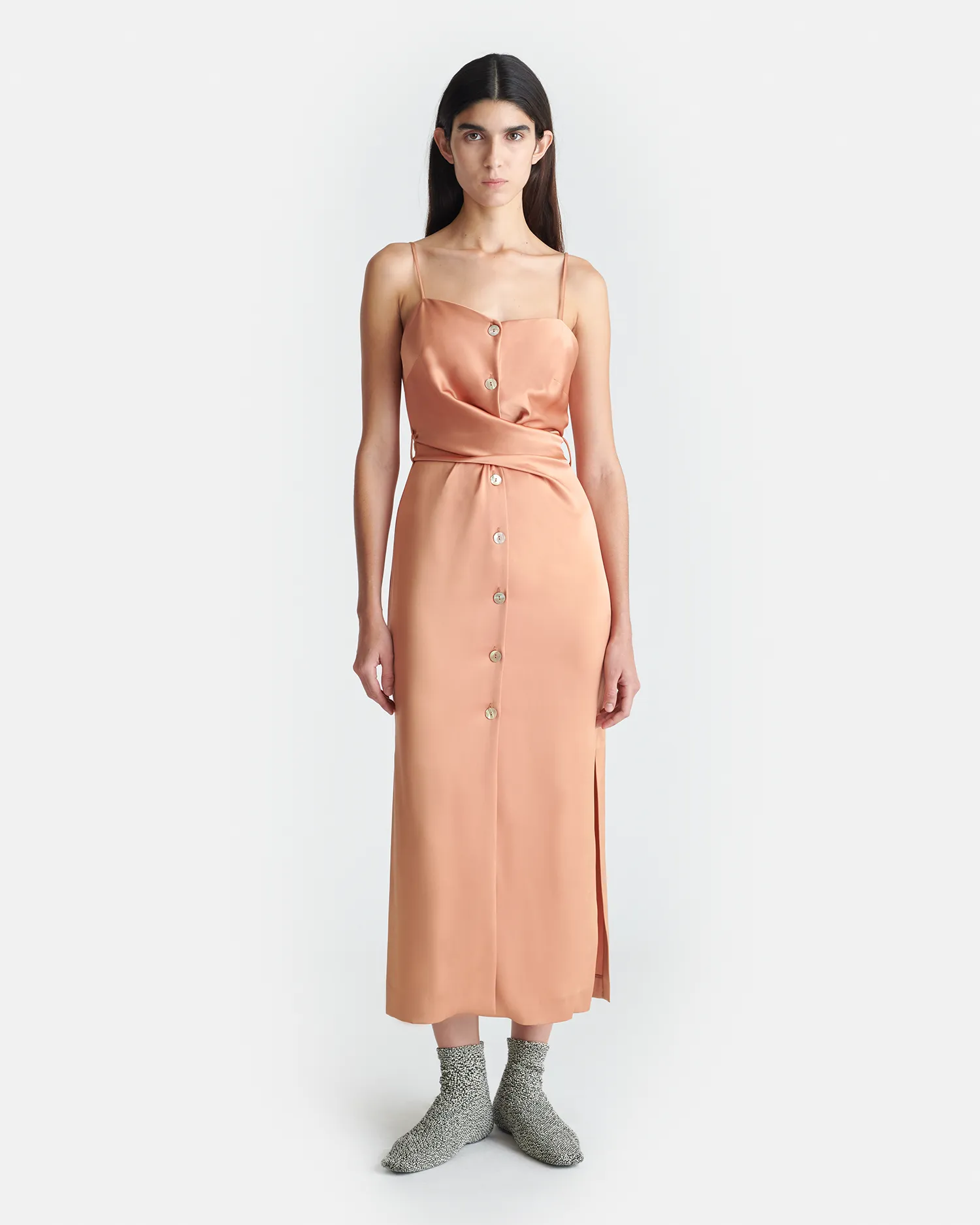 Sayan - Draped Slip Satin Midi Dress - Apricot Travel Friendly Magic Day