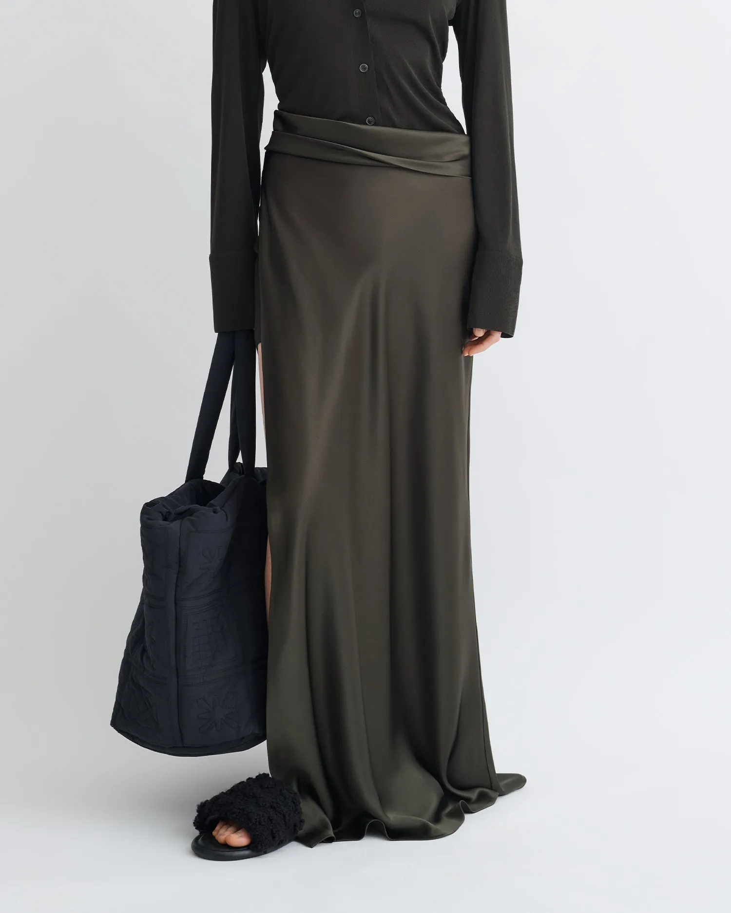 SeamlessConstruction Scylla - Mesh Jersey and Slip Satin Dress - Dark Green/Anthracite