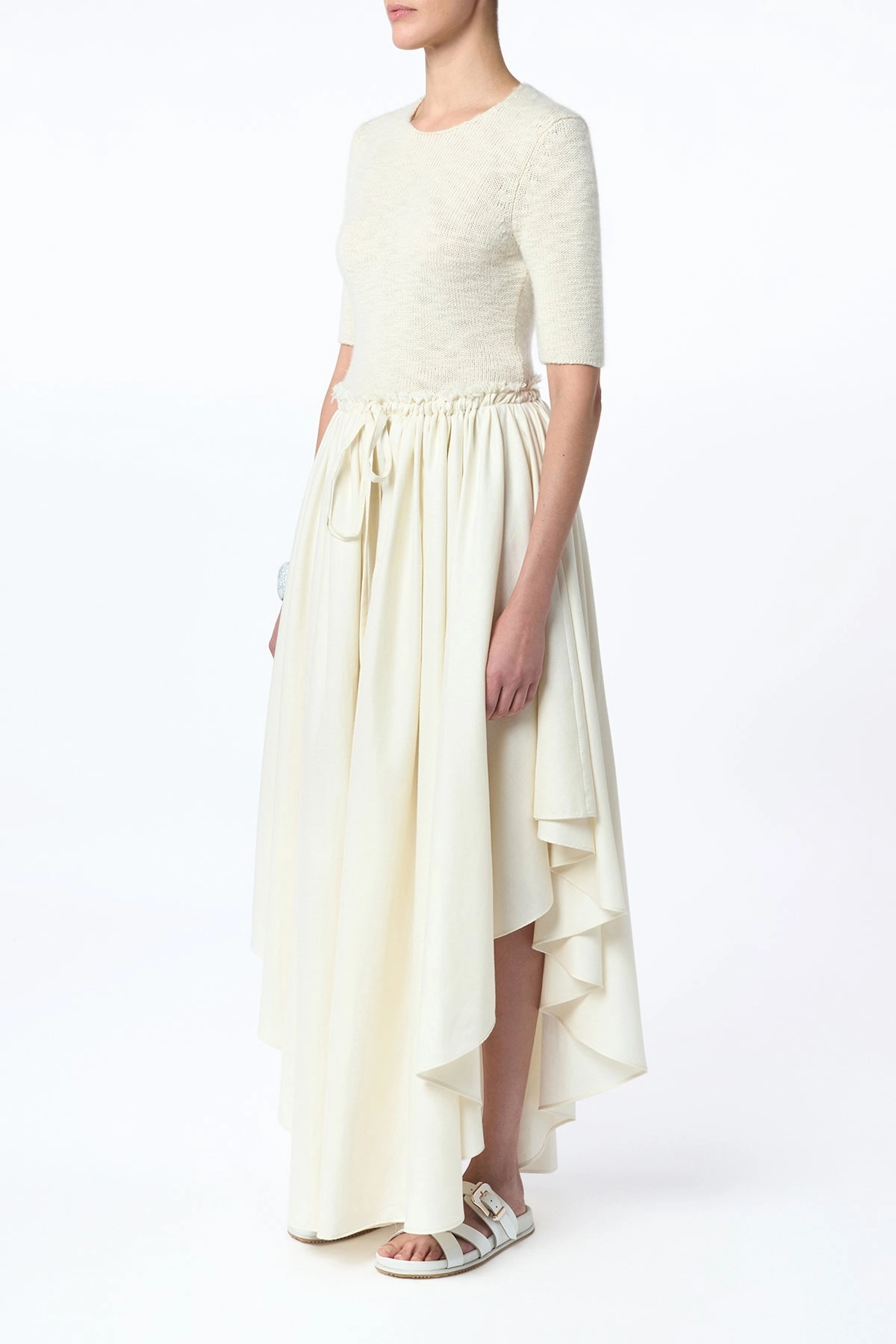 Evening Outing Dea Pleated Maxi Skirt in Ivory Virgin Wool Silk Linen