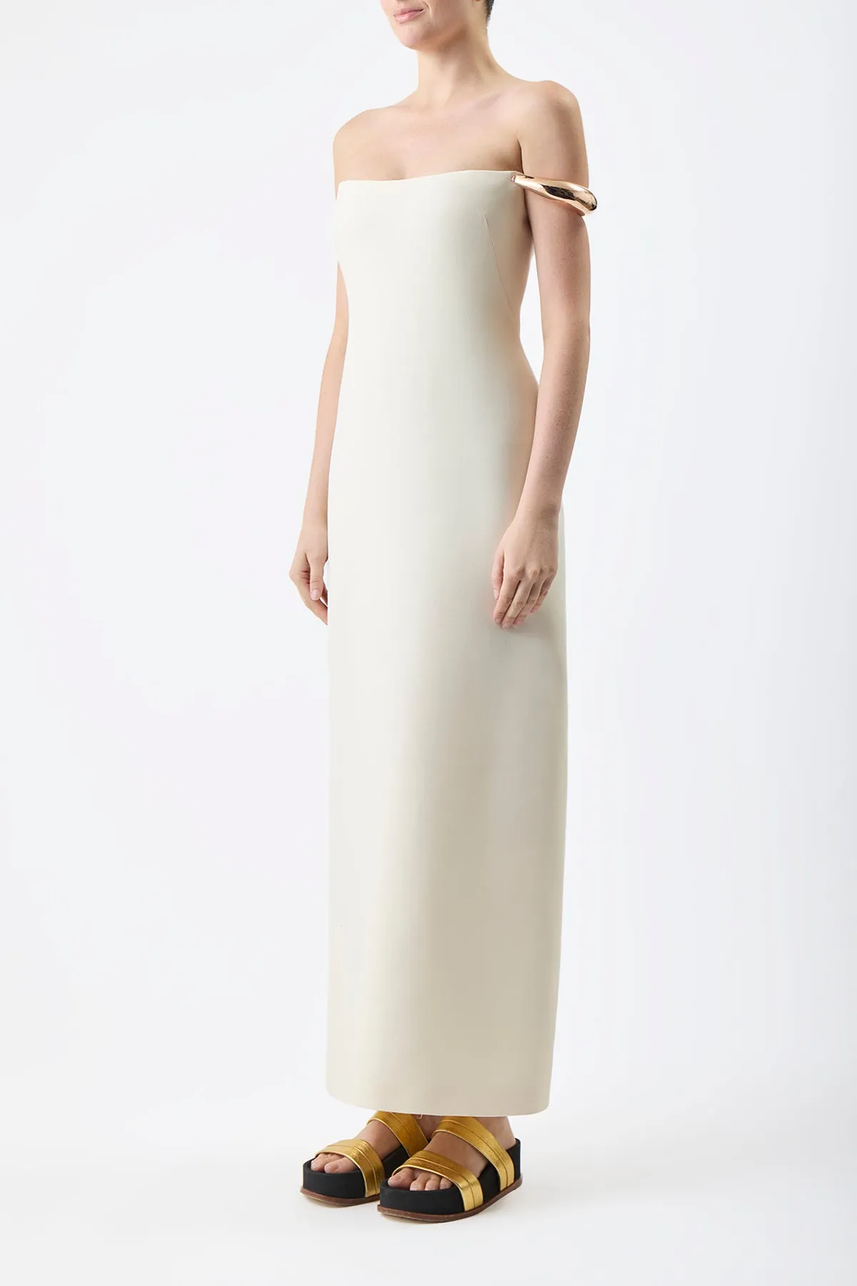 Elegant brunch outfit Anica Maxi Dress in Ivory Wool Silk Cady