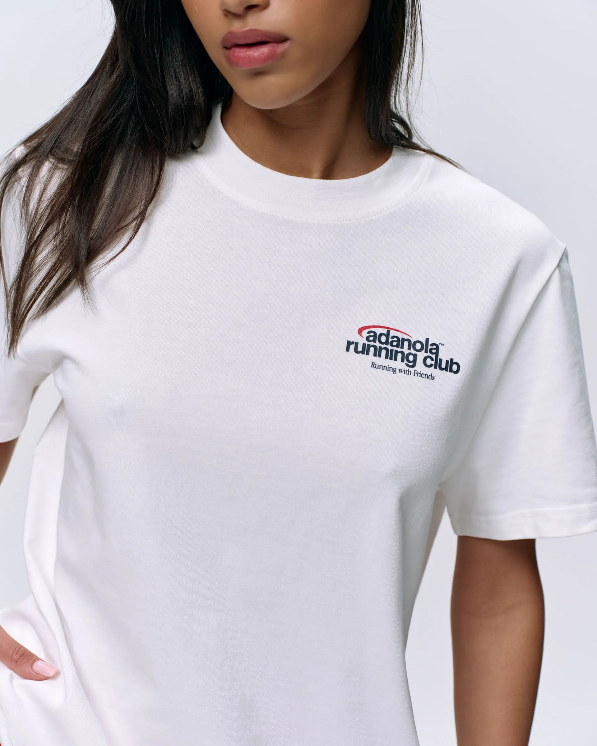 Curved Hemline WrinkleResistantTextile Adanola Running Short Sleeve Oversized T-shirt - White/Classic Red