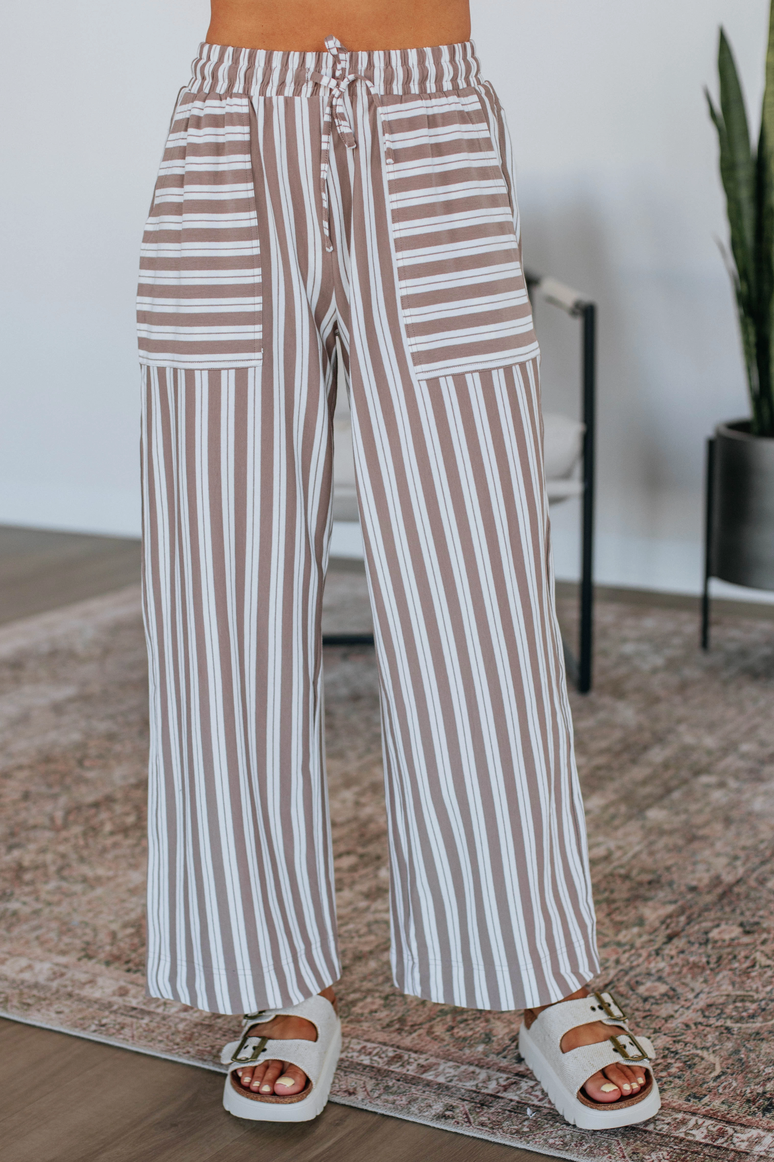 Shannon Striped Pants - Mocha Mix StretchMaterial Simple Silhouette