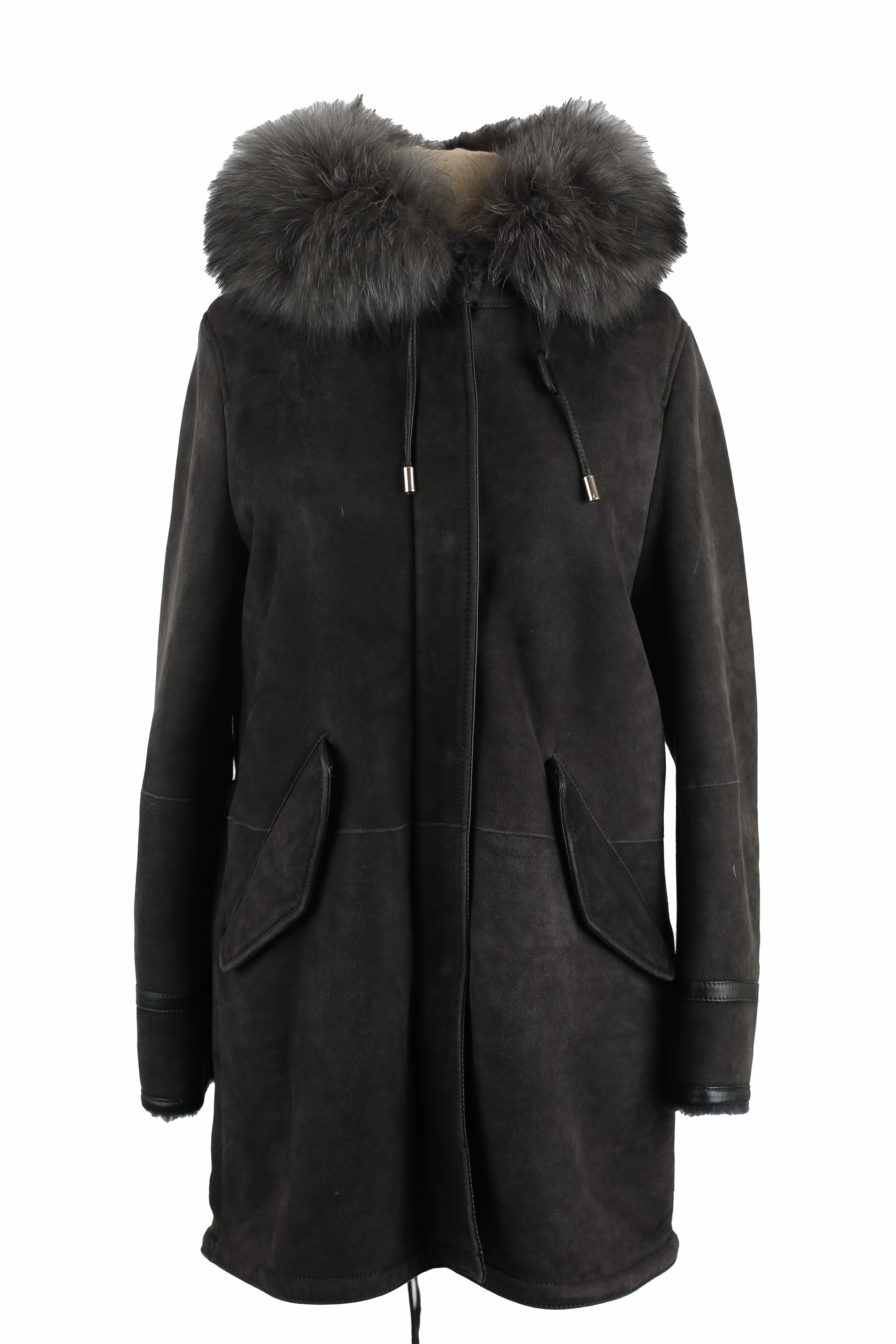 Primaloft Insulation Shearling Lined Suede Parka W/ Fur Hood