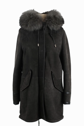Primaloft Insulation Shearling Lined Suede Parka W/ Fur Hood