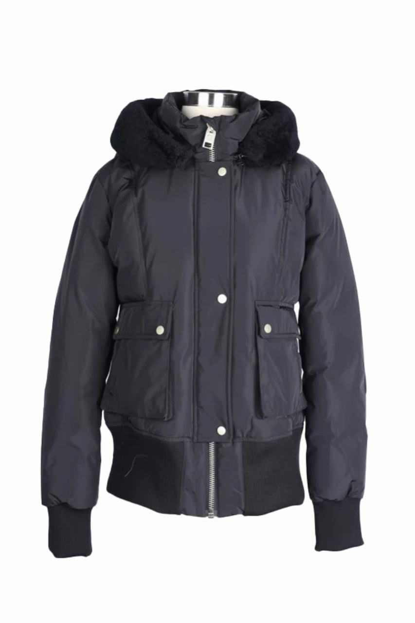 Elasticized Waist Weatherproof Zipper Closure Shearling Trim Down Bomber Jacket