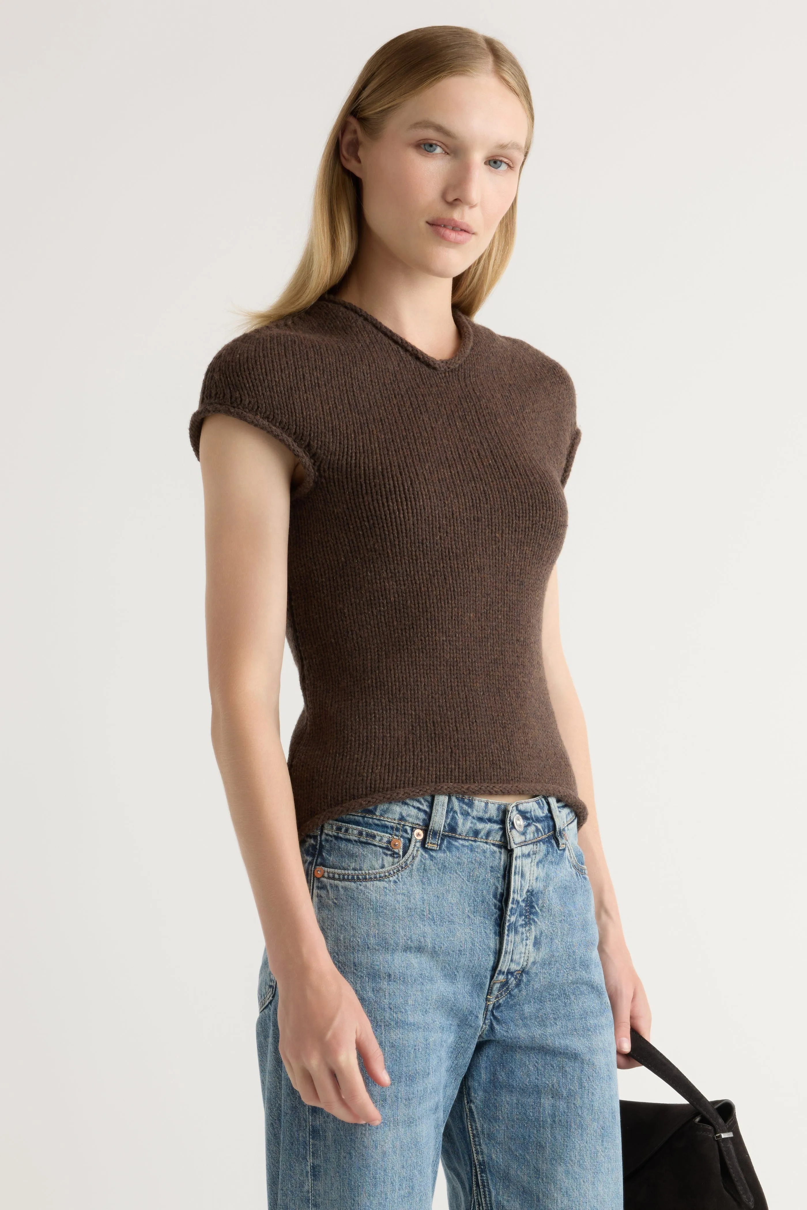 Sleek Stretch Fit Reinforced Shoulder Design Simoul V-Neck Sweater Top