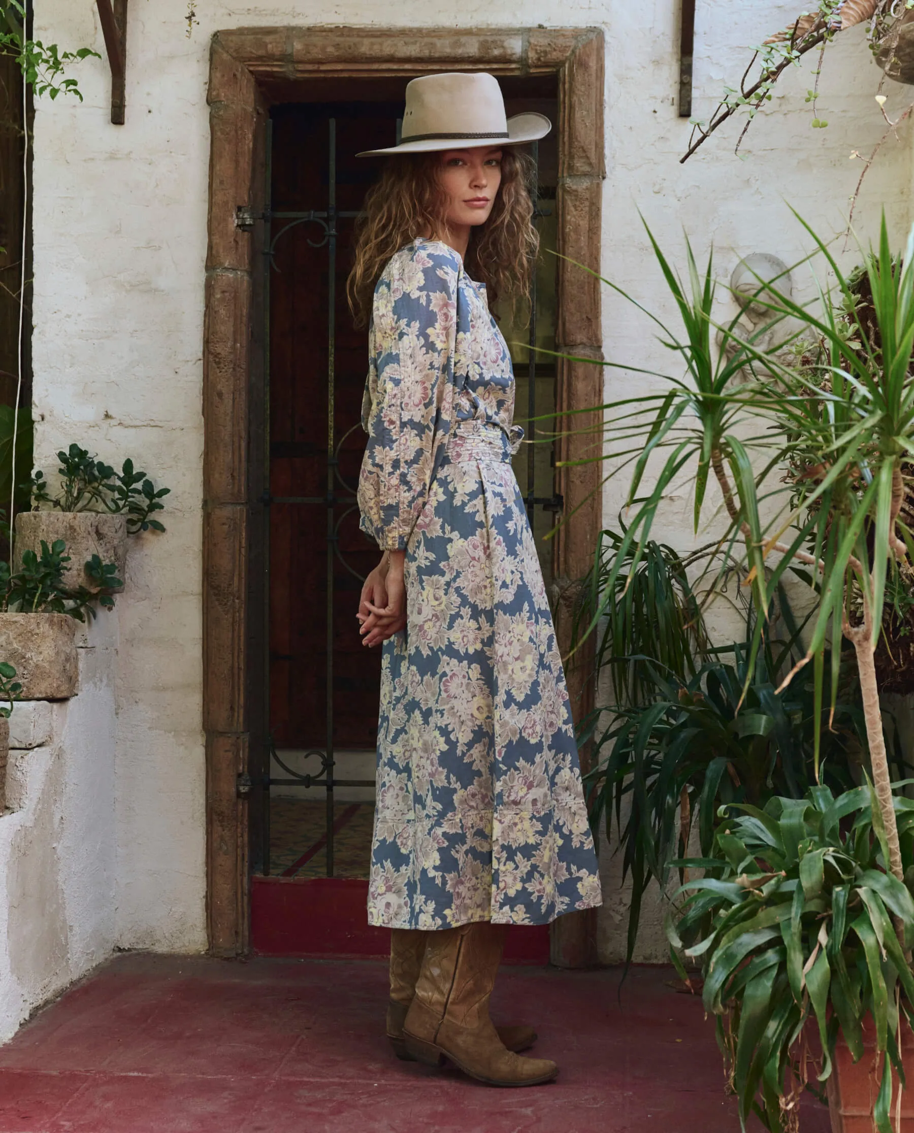 The Pampas Dress. -- Indigo Floral High Cut