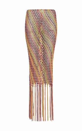 Layered Structure Lycos Fringe Macrame Maxi Skirt in Multi Silk