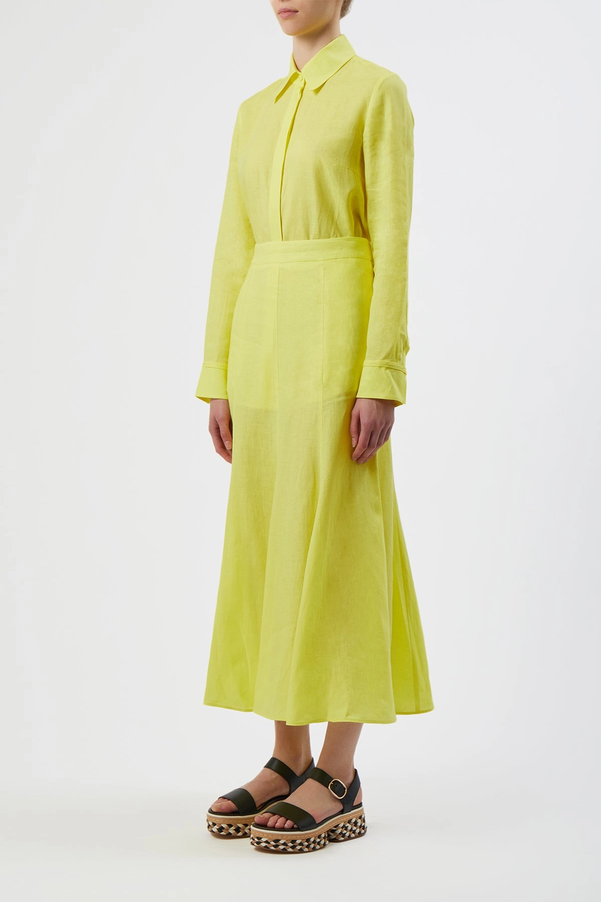 Modern Luxe Double Layer Tate Midi Skirt in Fluorescent Yellow Aloe Linen
