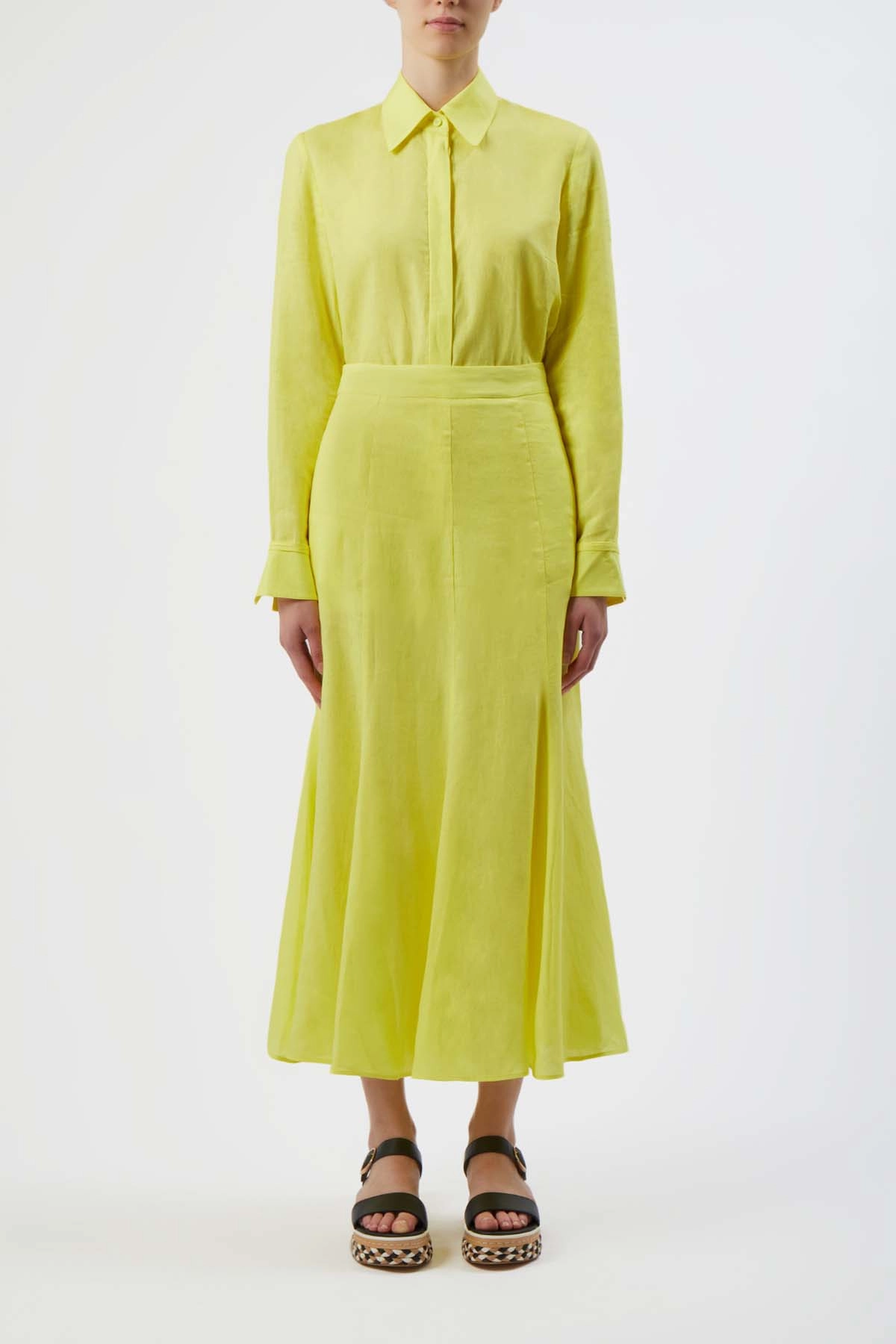Contoured Waist Tea length Tate Midi Skirt in Fluorescent Yellow Aloe Linen