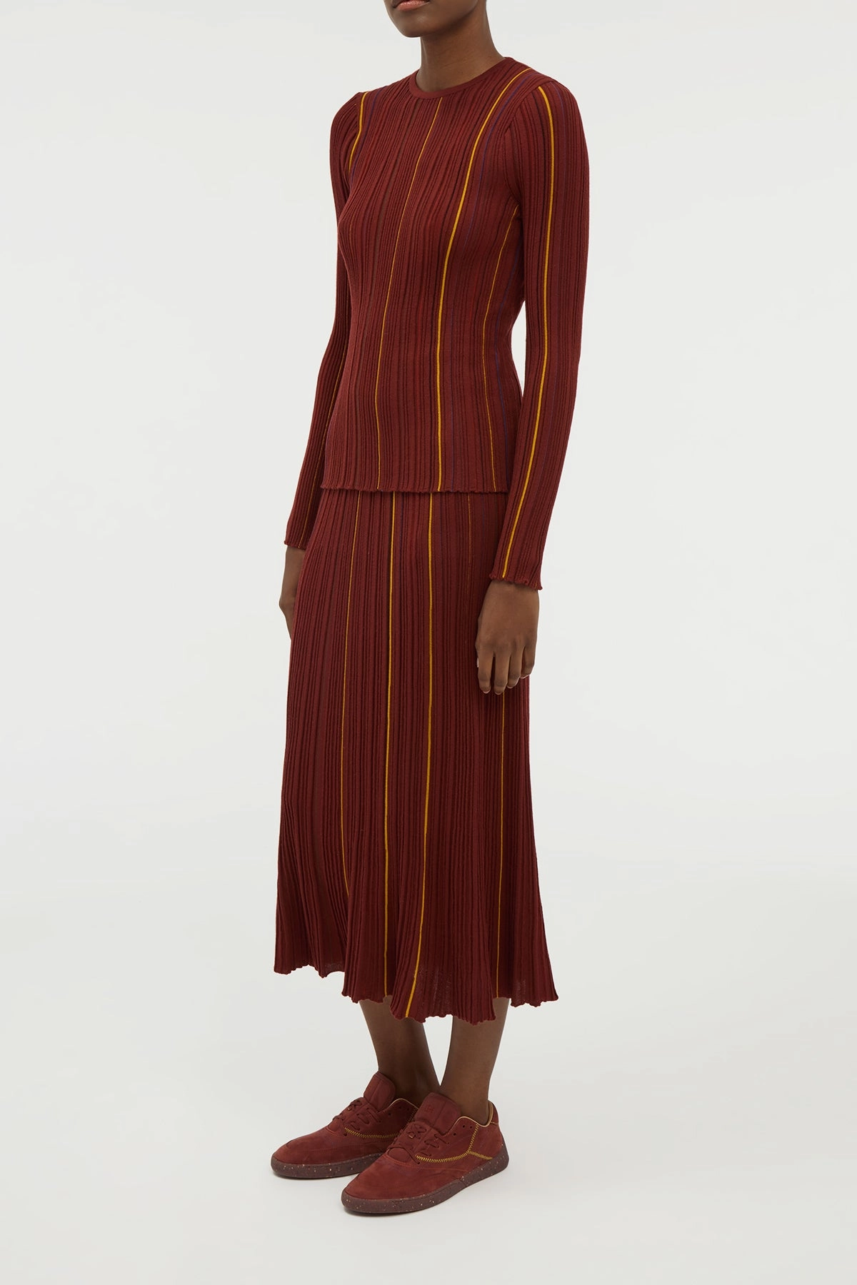 Delicate Texture Celeano Pinstripe Knit Midi Skirt Burnt Sienna Merino Wool