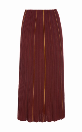 Double Layer Construction Everyday Line Celeano Pinstripe Knit Midi Skirt Burnt Sienna Merino Wool