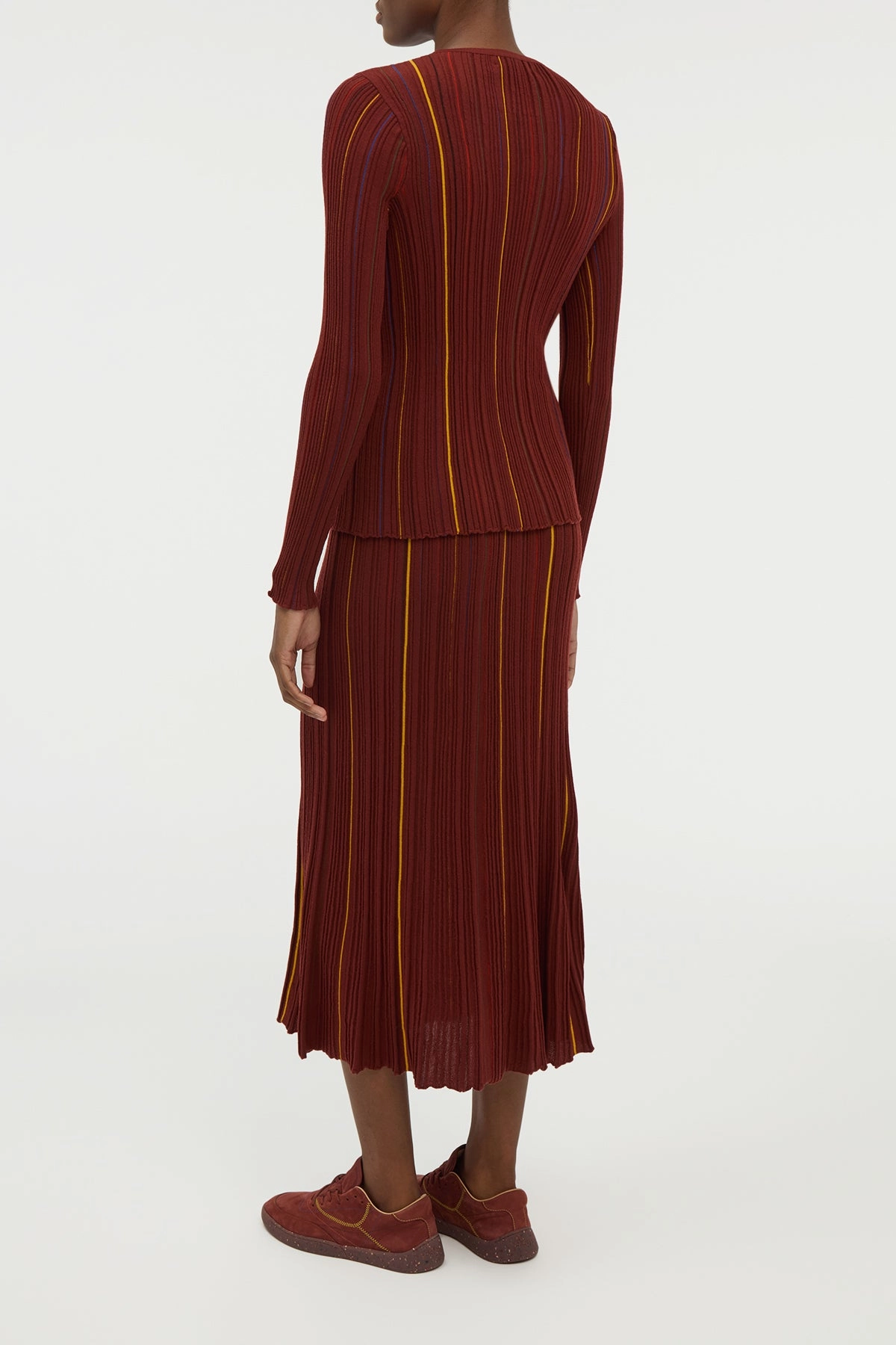 music concert Polished Touch Celeano Pinstripe Knit Midi Skirt Burnt Sienna Merino Wool