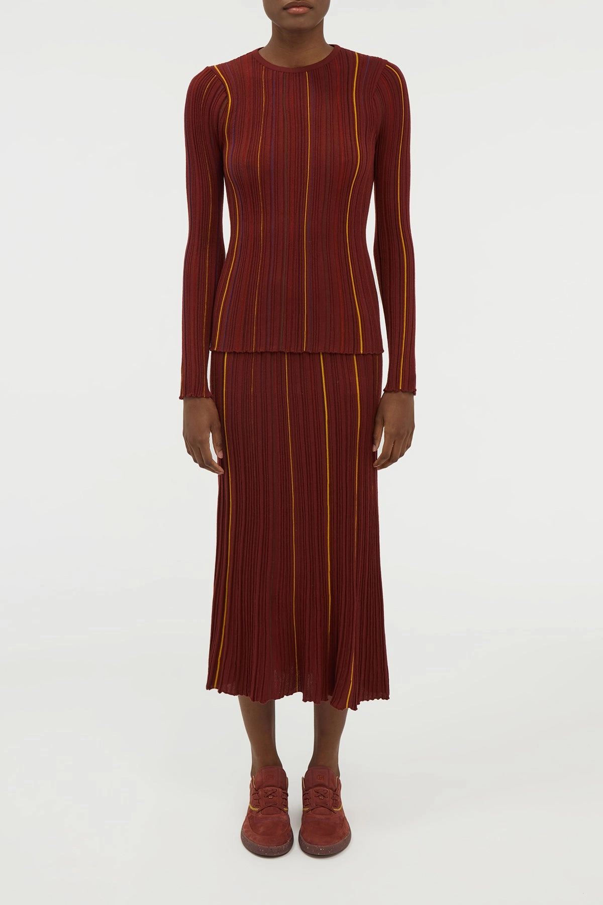 Outfit Moodset High Rise Celeano Pinstripe Knit Midi Skirt Burnt Sienna Merino Wool