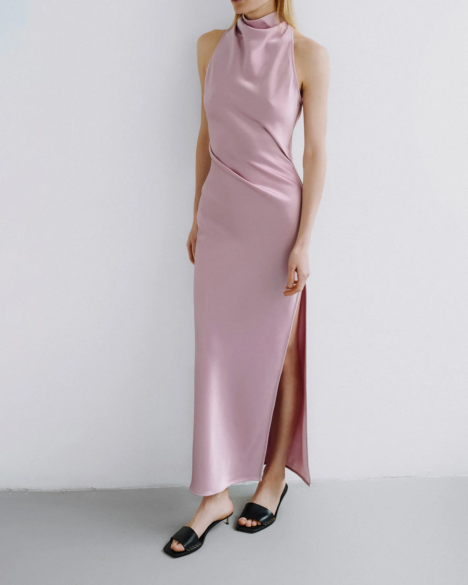 Peregrine - Cowl-Neck Satin Midi Dress - Dusty Pink Light Comfort