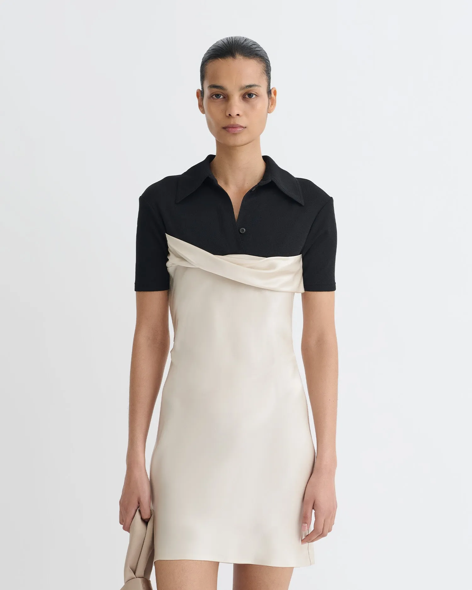 Heceta - Mesh Jersey and Slip Satin Mini Dress - Creme/Black Easy Pairing