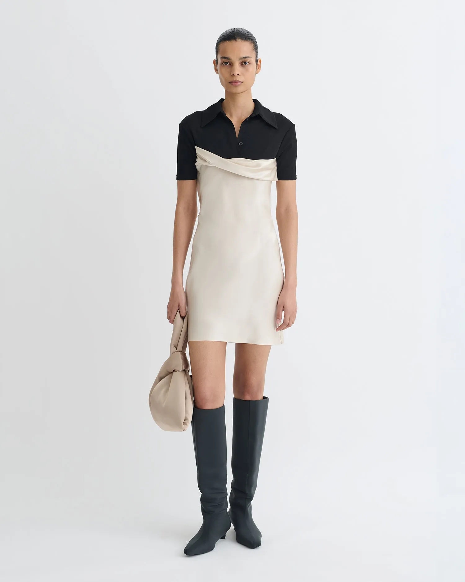 Heceta - Mesh Jersey and Slip Satin Mini Dress - Creme/Black Mixed Fabric
