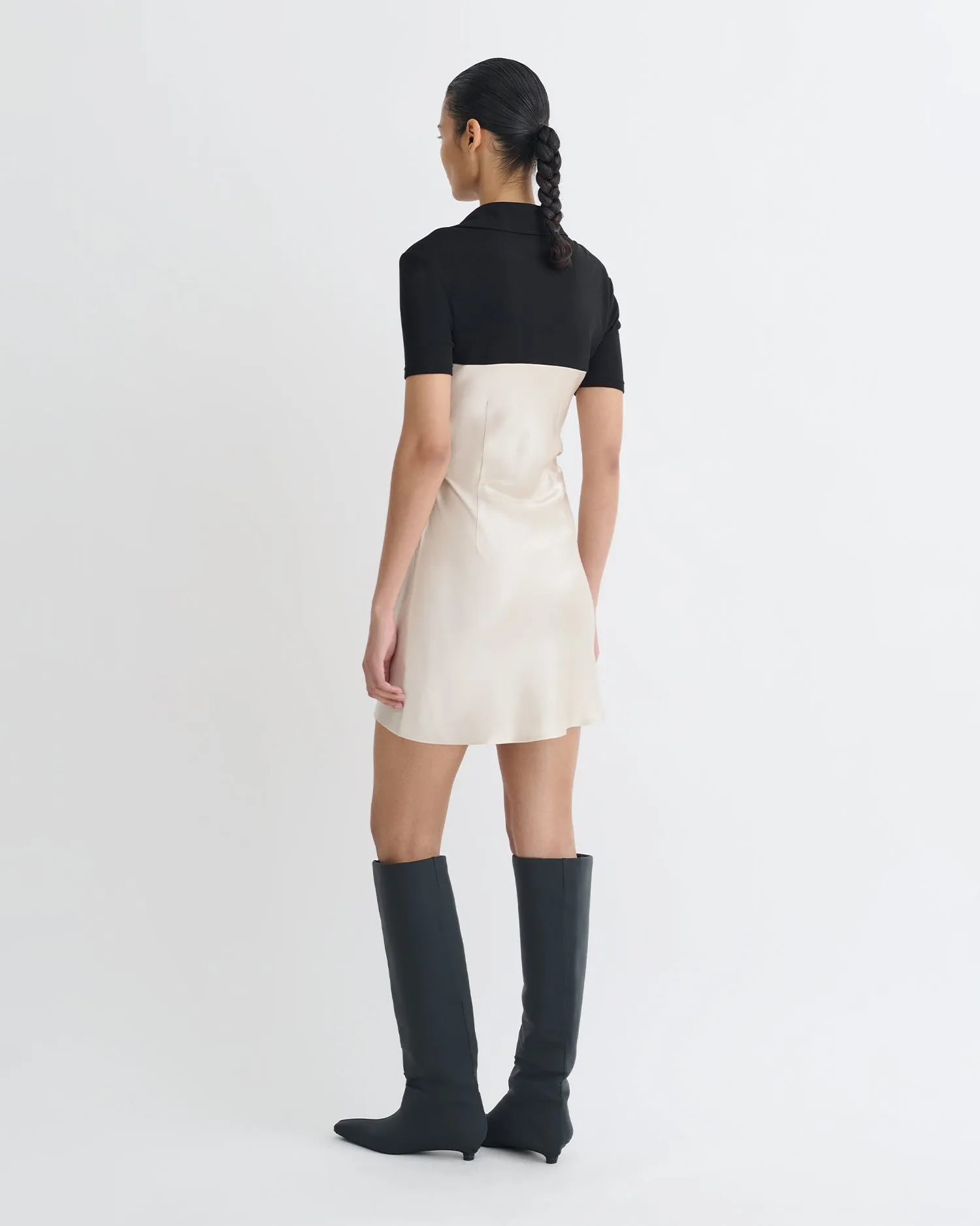Essential Piece Heceta - Mesh Jersey and Slip Satin Mini Dress - Creme/Black