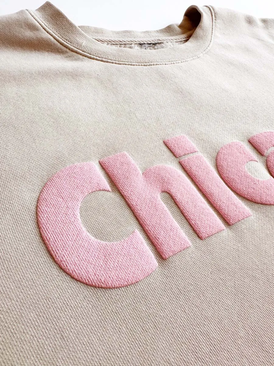 Anti Static Treatment Chicago. Crewneck Sweatshirt - Ivory & Pink