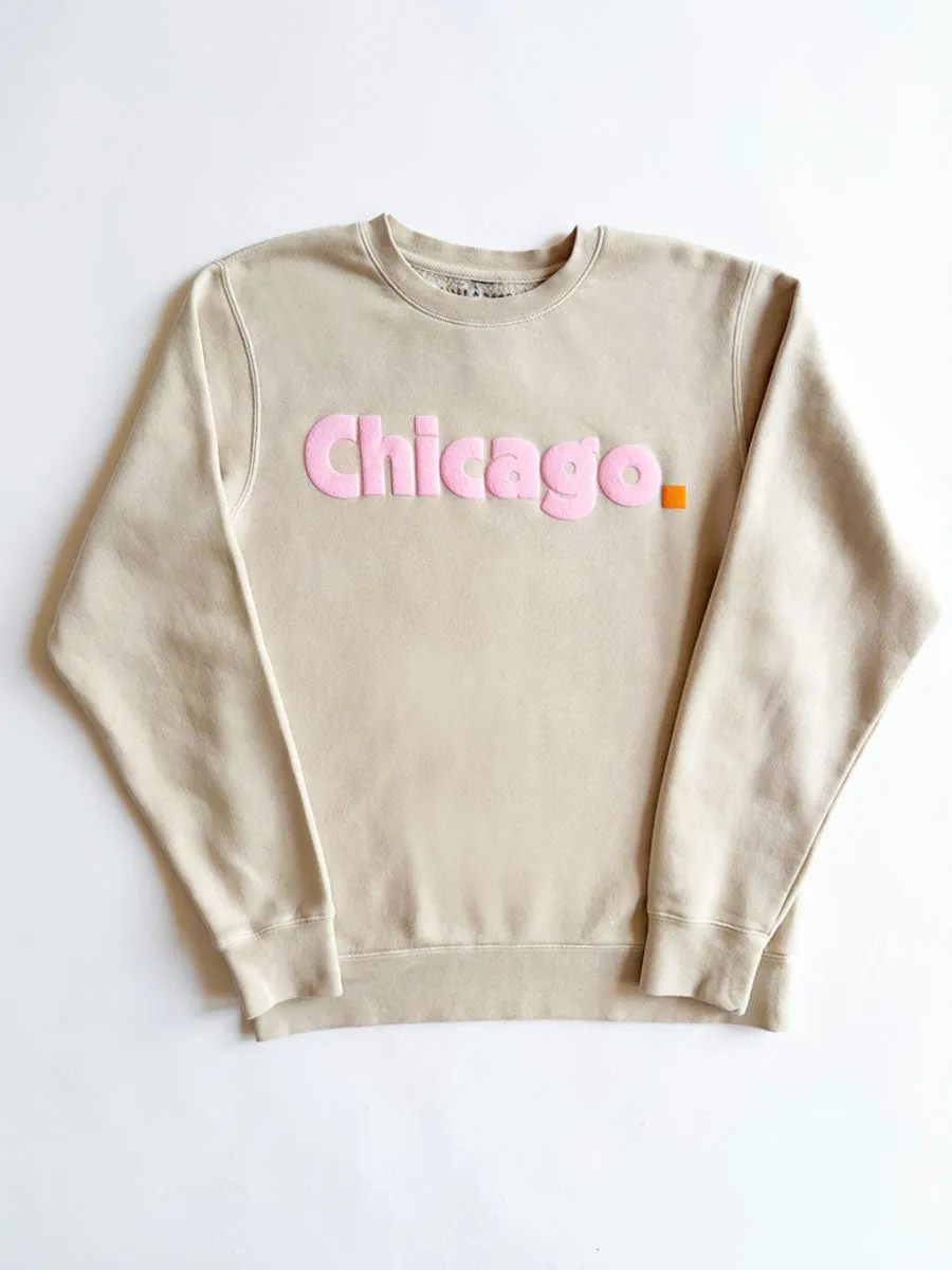 Knit Design Slim Waist Chicago. Crewneck Sweatshirt - Ivory & Pink