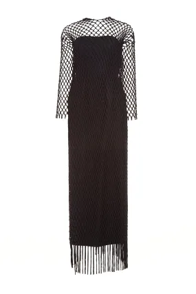 Stylish Waist Fit Silky Drape Barnett Macrame Dress with Slip in Black Wool Silk