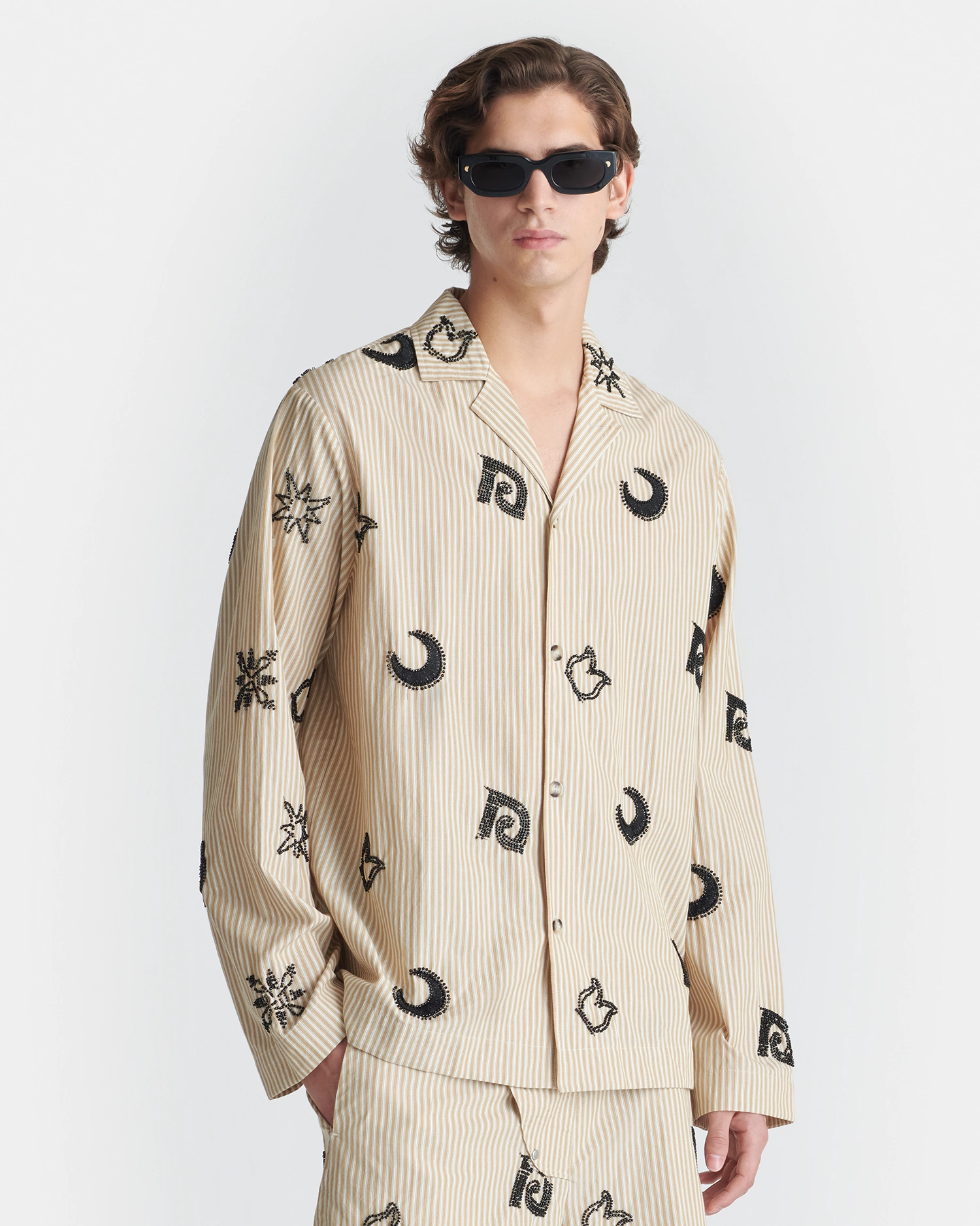 Button-up Abrasion Resistant Edging Haris - Beaded Shirt - Beige/Black