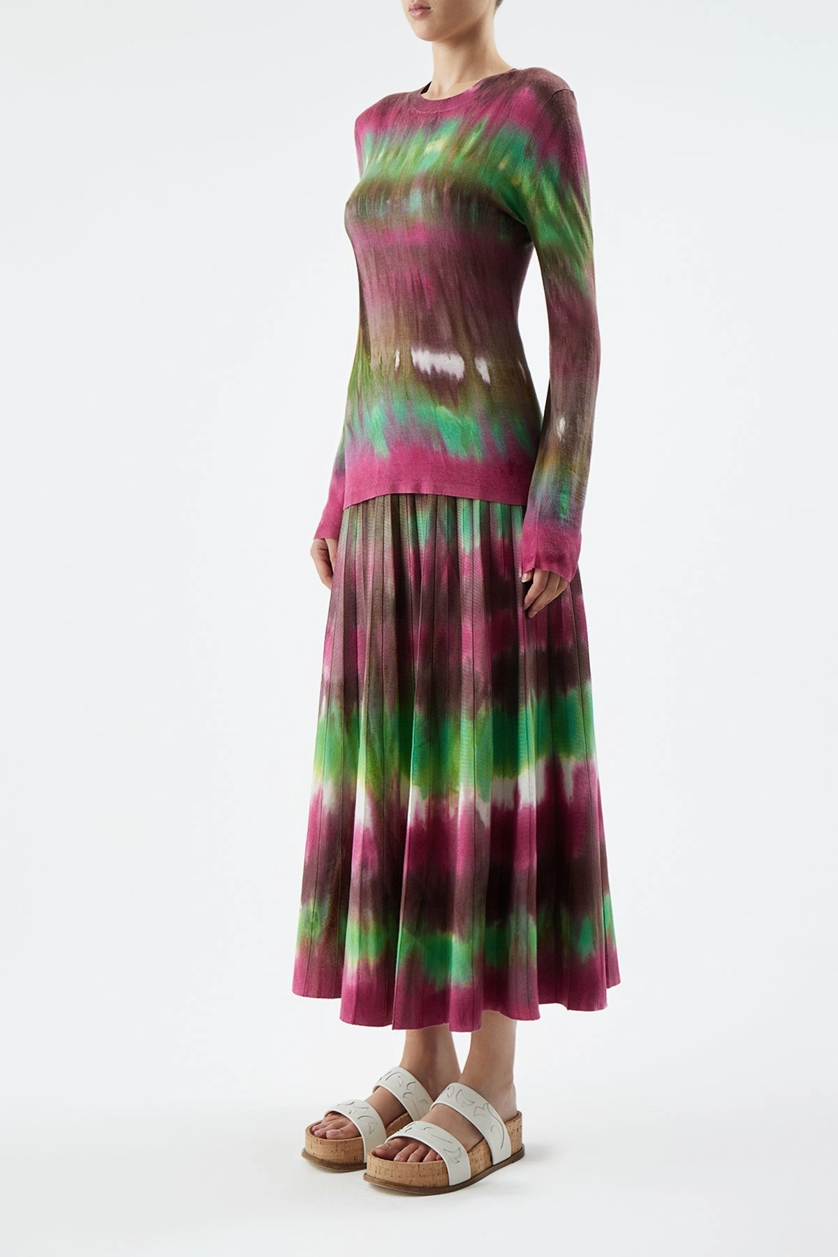 Thermoregulating Fabric Runway Ready Ella Knit Midi Skirt in Jewel Tie Dye Cashmere