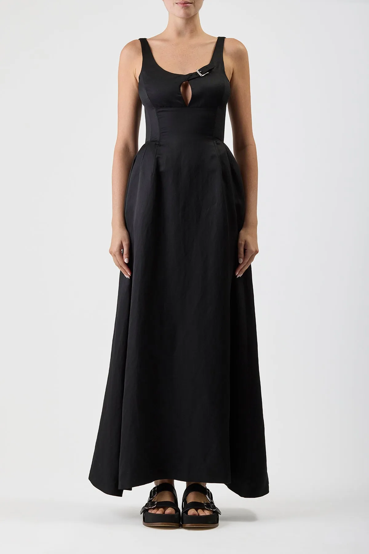 Smooth Blend Fall Style Sven Maxi Dress in Black Silk Linen Satin