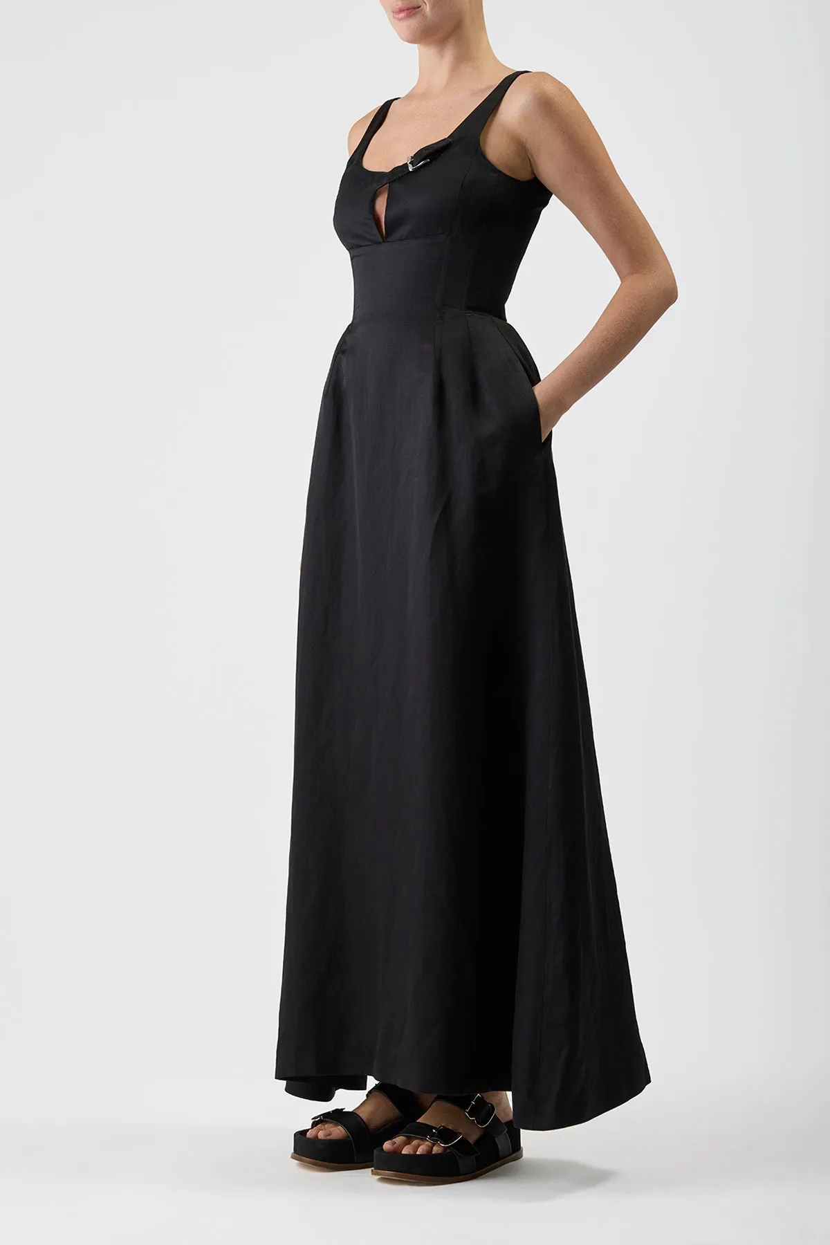 Sven Maxi Dress in Black Silk Linen Satin Brunch Outfit