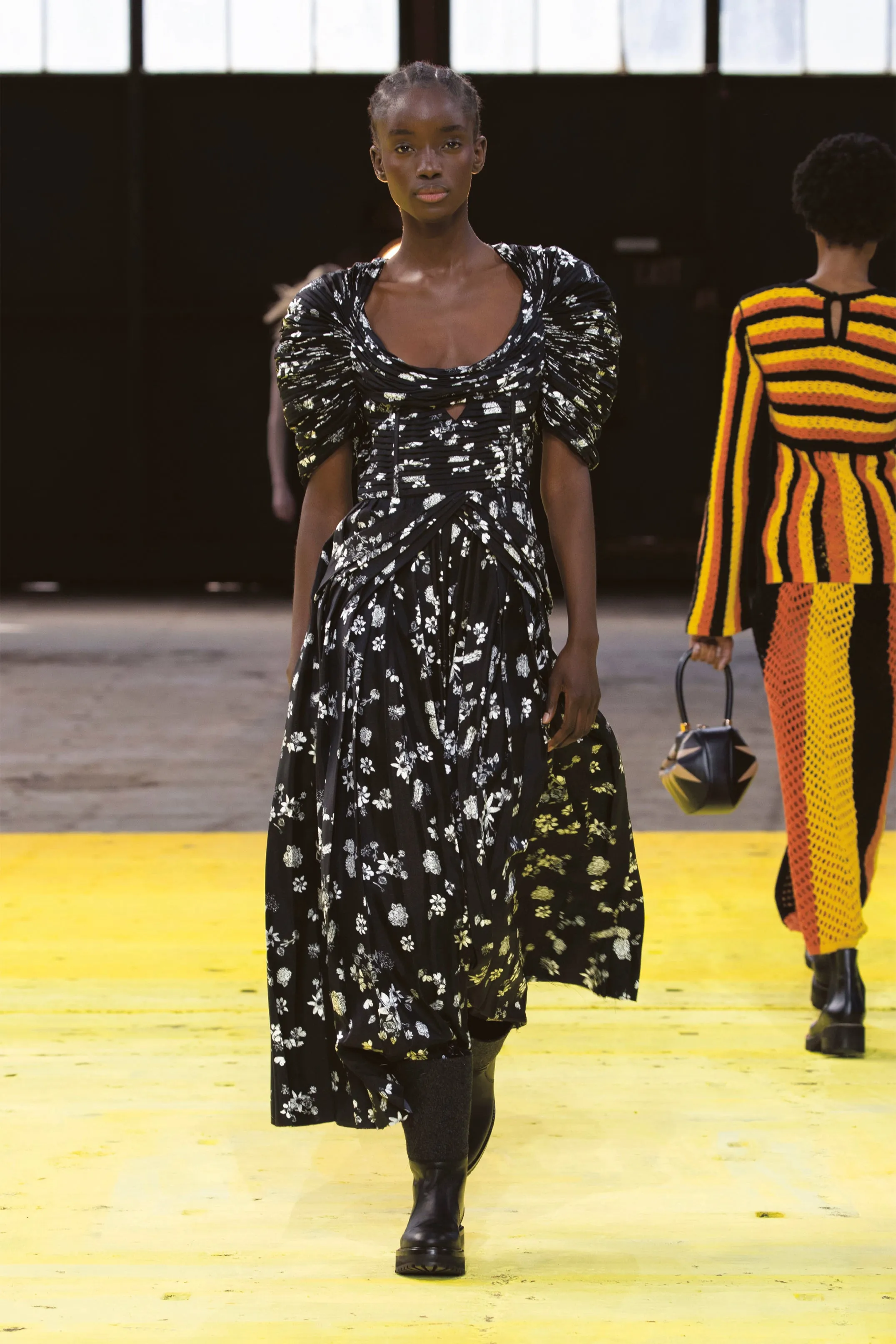 Peggy Dress in Black & White Printed Silk Twill Garden Scene Pleated-Skirt