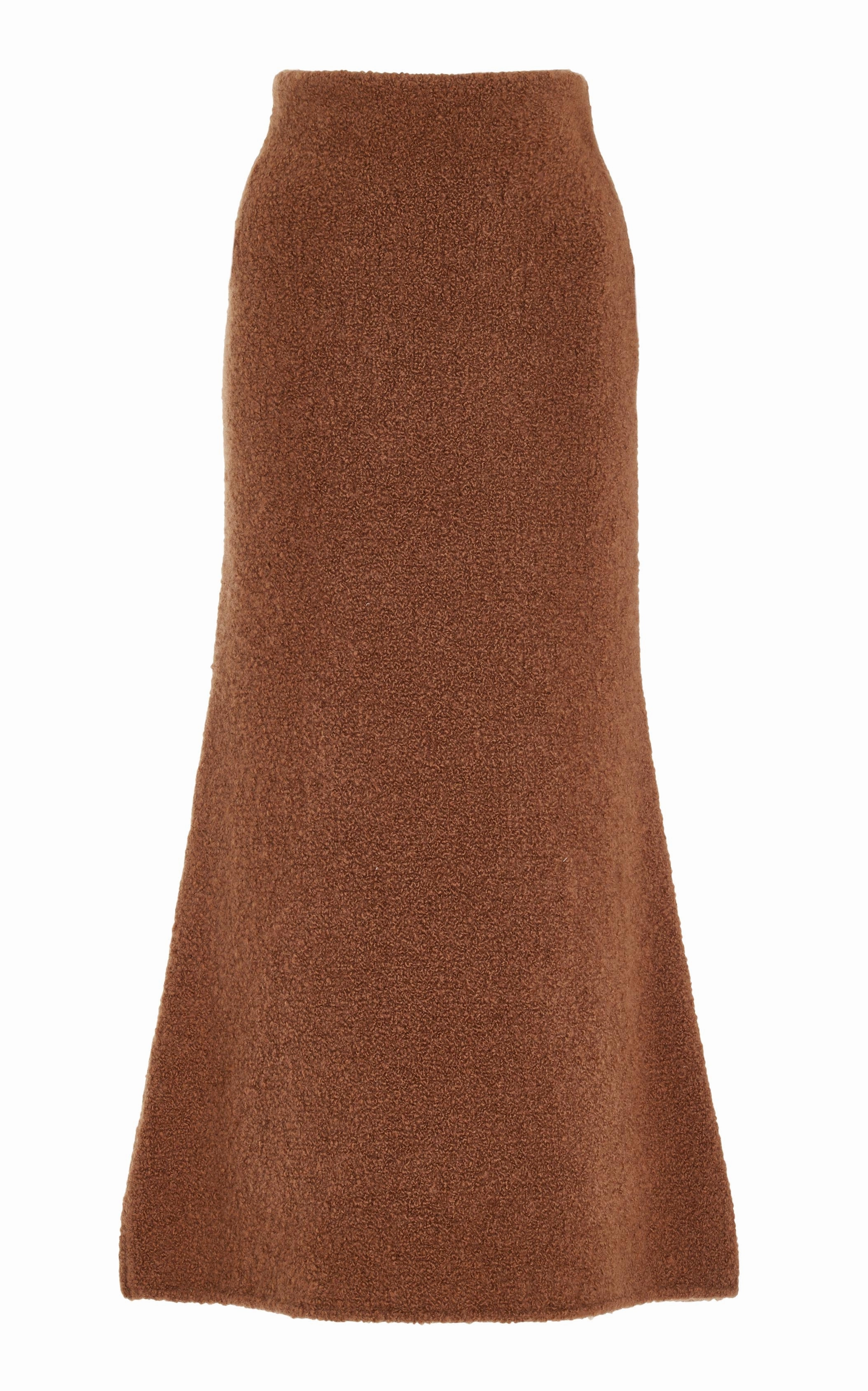 Sustainable Innovation Non Irritating Texture Pablo Knit Midi Skirt in Cognac Cashmere Silk Boucle