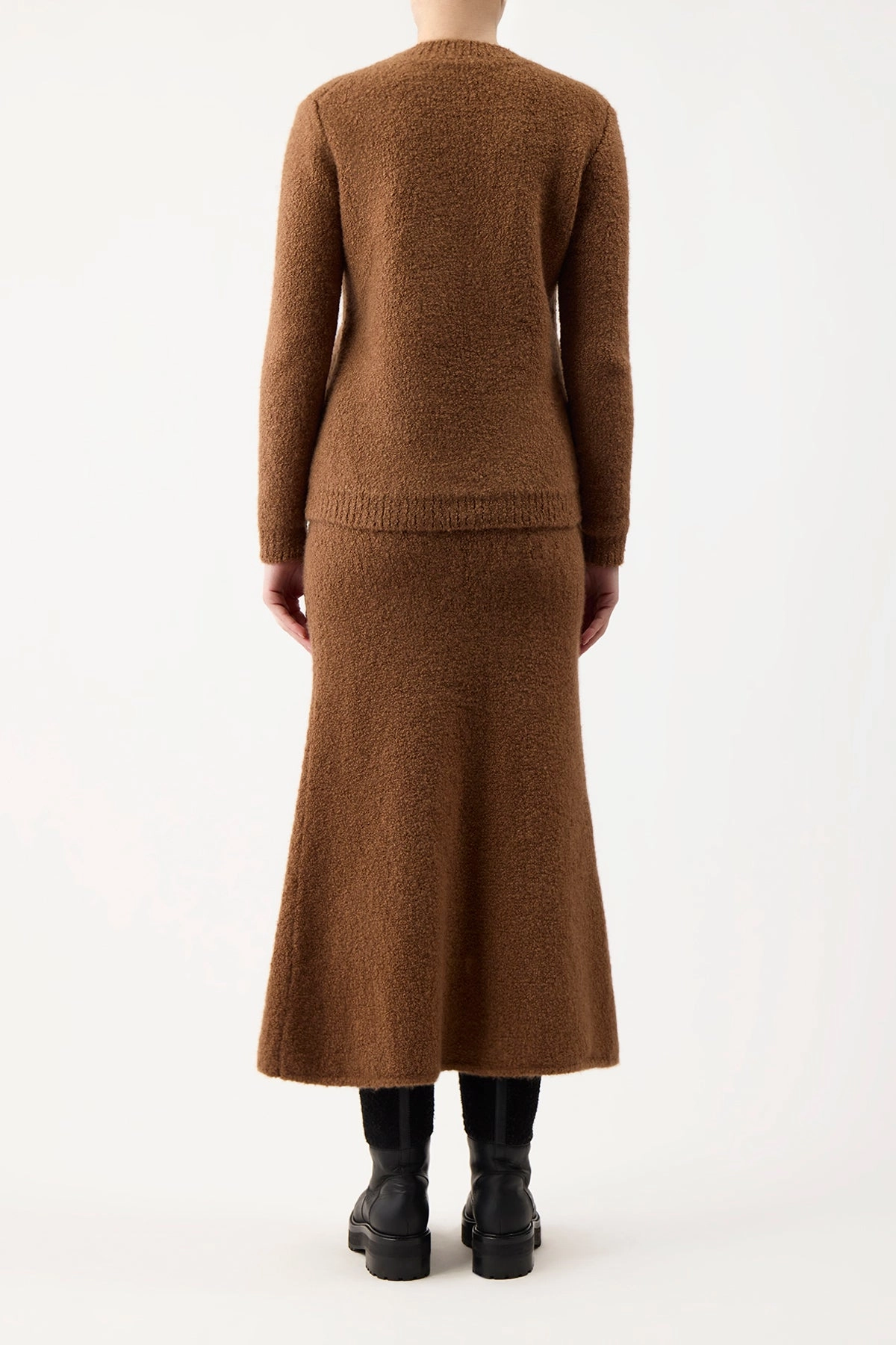 Flared hem Outfit Mood Pablo Knit Midi Skirt in Cognac Cashmere Silk Boucle