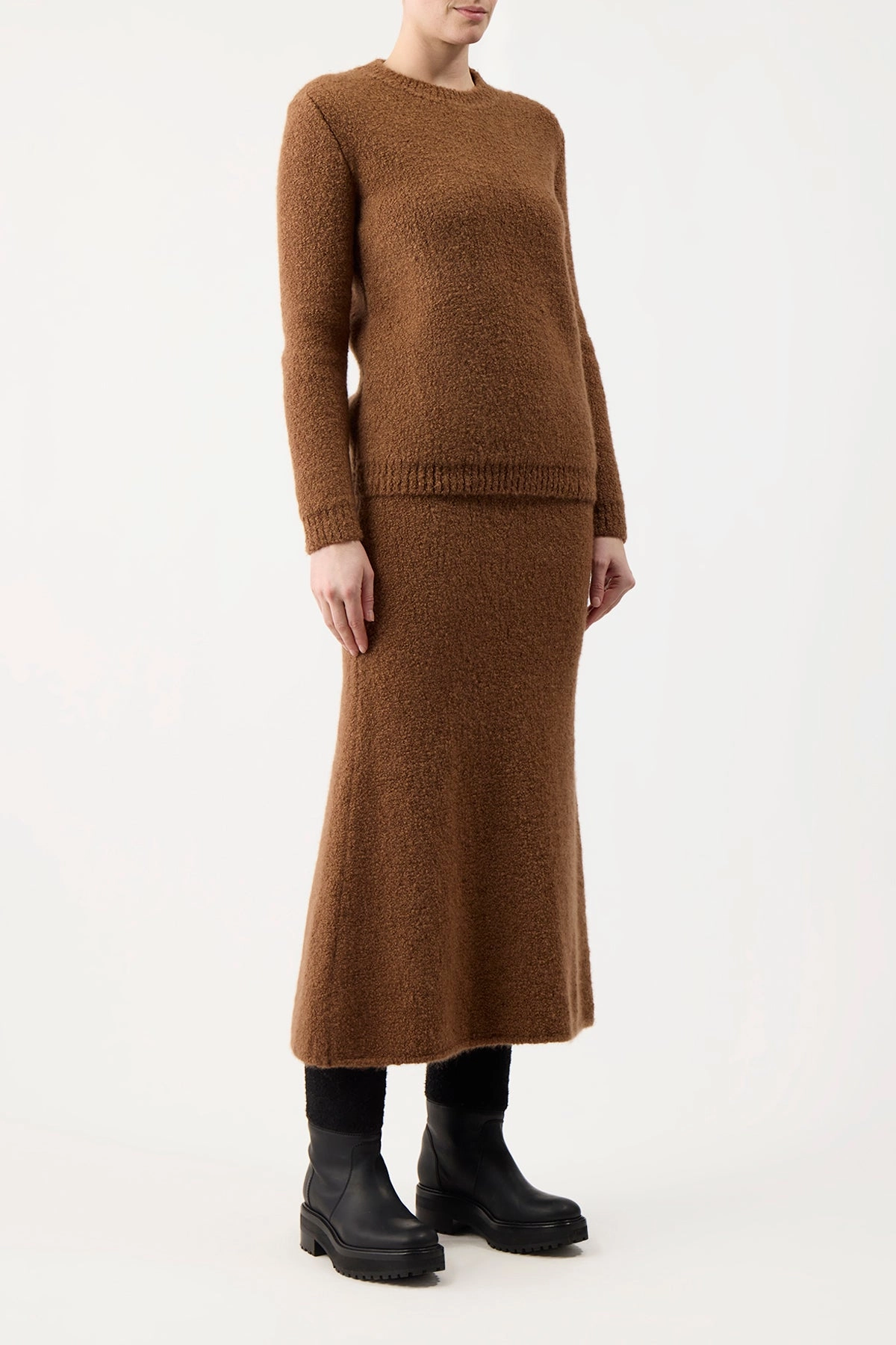 Weighted Hem Pablo Knit Midi Skirt in Cognac Cashmere Silk Boucle